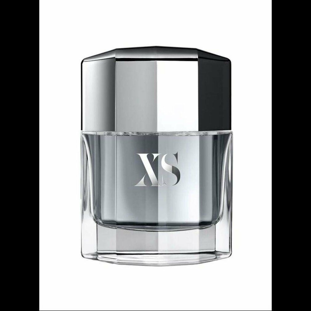 Glazen fles met zilveren dop. Opschrift XS. Vierkante vorm.