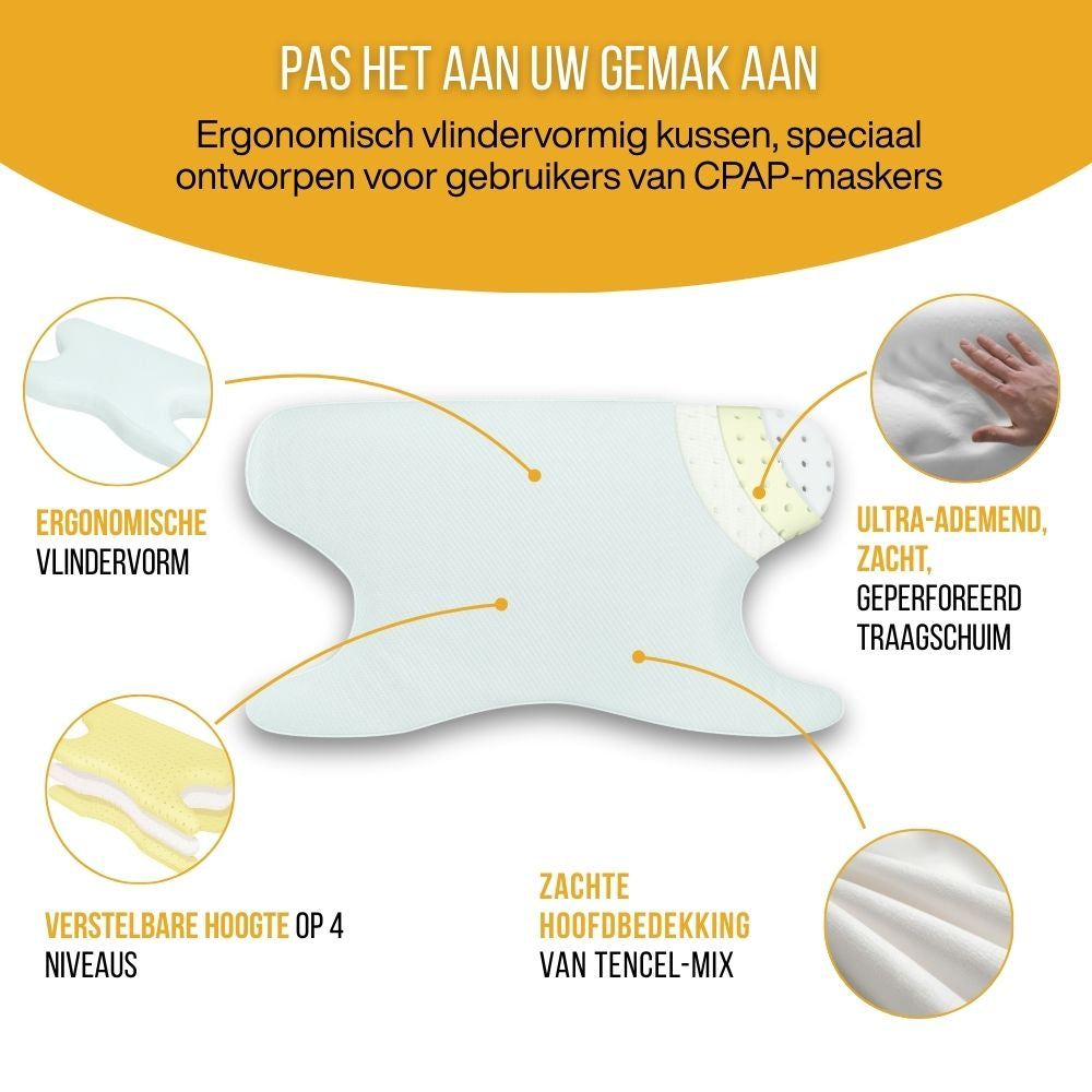 Ergonomisch vlindervormig kussen. Traagschuim, ademend, in hoogte verstelbaar, zachte hoes.