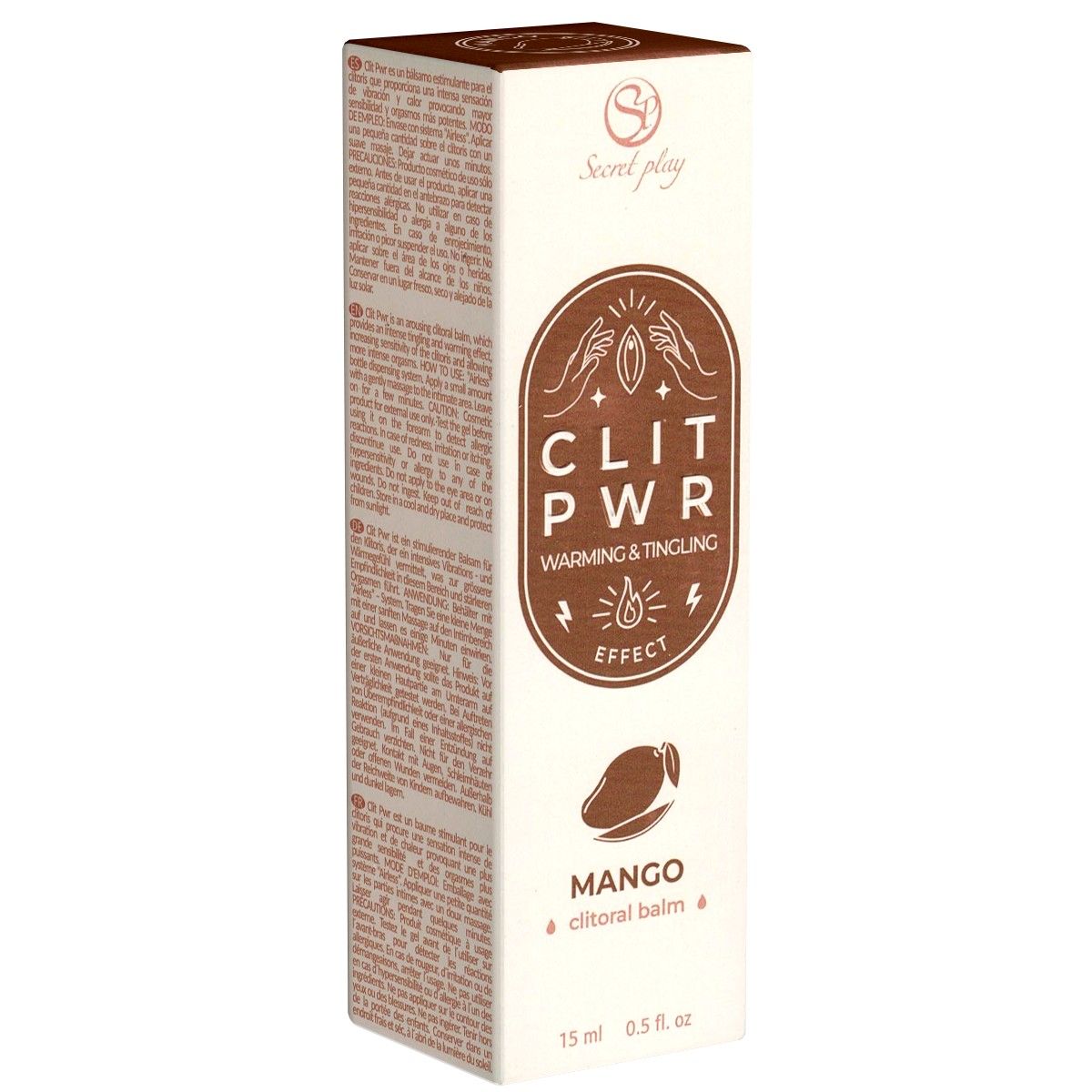 Productverpakking. Opschrift: CLIT PWR, Mango, clitoral balm. Bevat 15 ml. Merk: Secret Play.