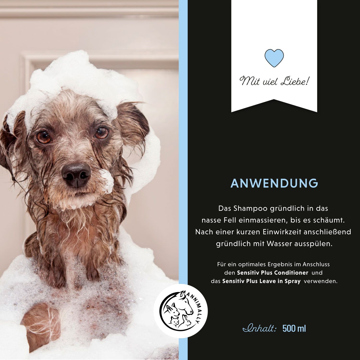 Chien avec mousse sur la tête. Texte: Application: Masser le shampooing, rincer. Contenu: 500 ml. Logo.