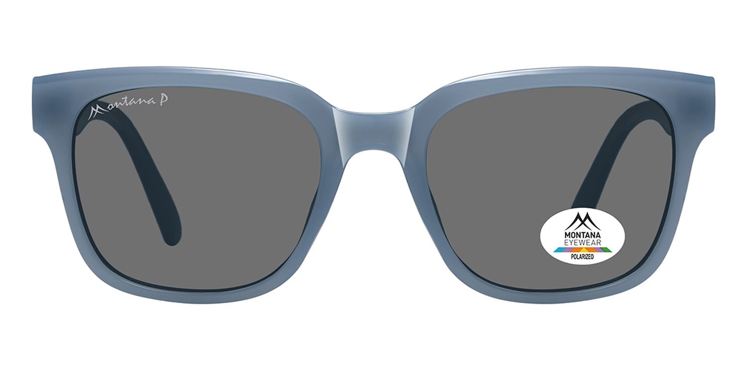 Lunettes de soleil bleues avec verres gris. Logo Montana Eyewear sur la branche et le verre. Polarisées.