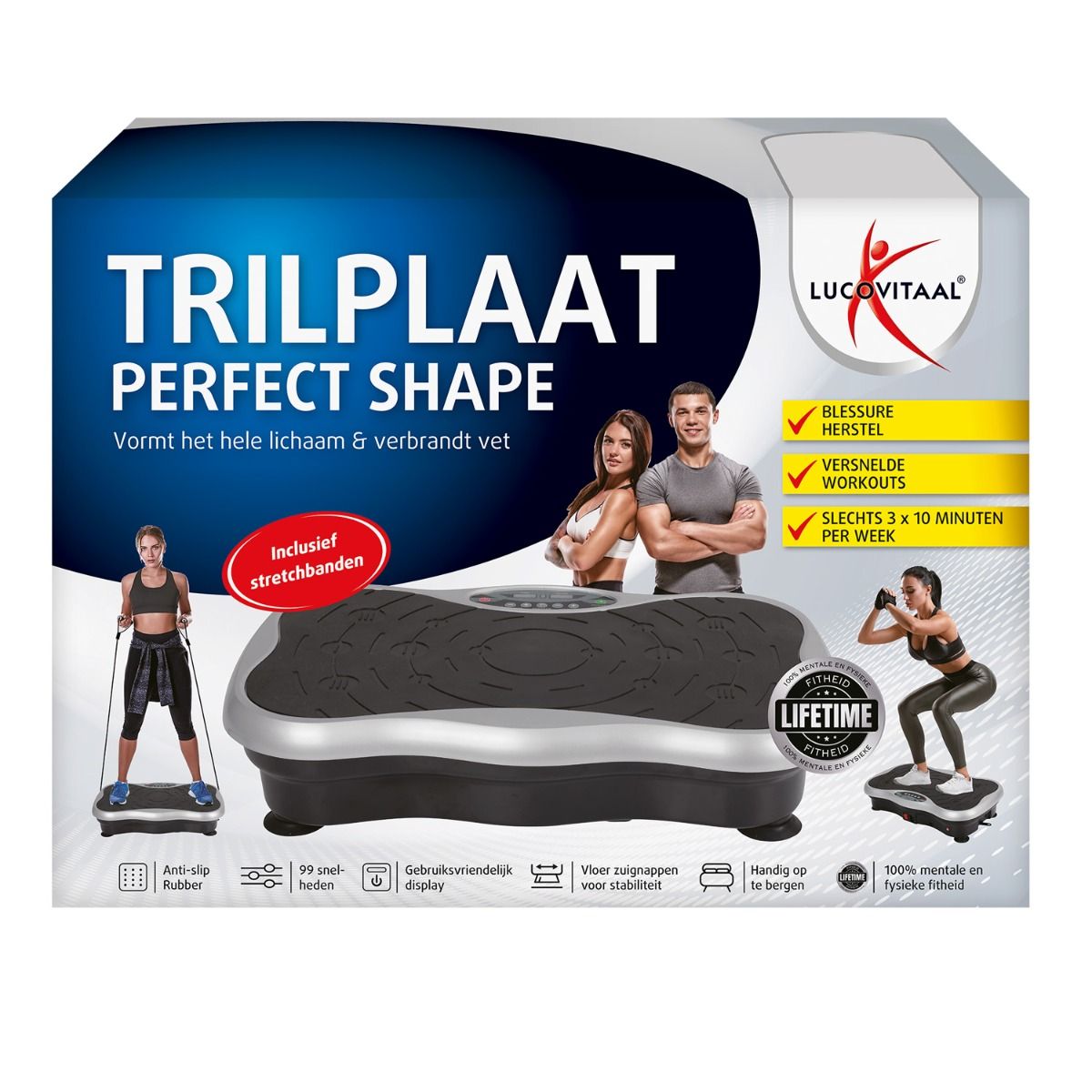 Emballage de la plateforme vibrante Perfect Shape de Lucovitaal. Avec des images de personnes et des caractéristiques du produit.