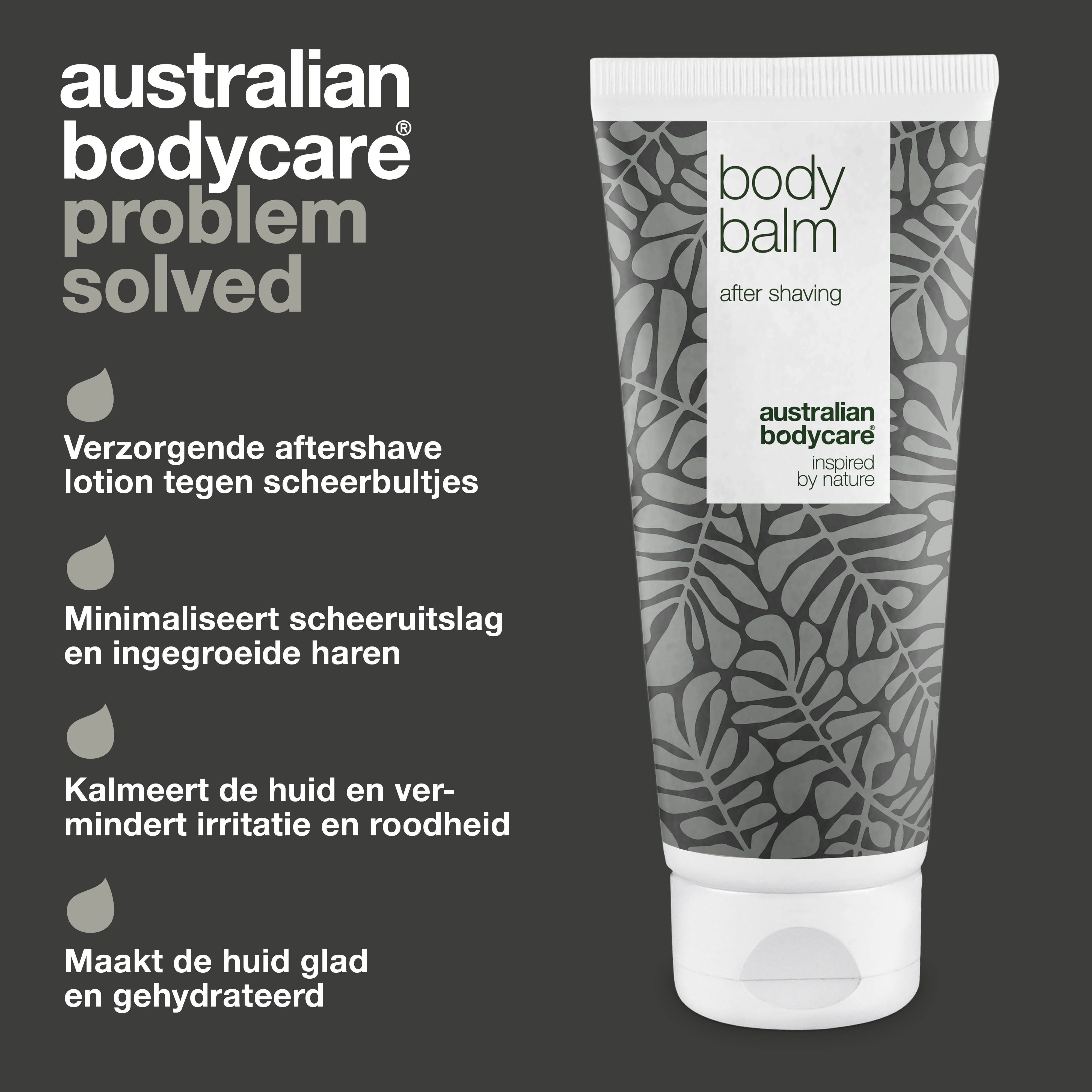 Tube aftershavebalsem met tekst. Opschrift: Body Balm, After Shaving, Australian Bodycare, geïnspireerd door de natuur.