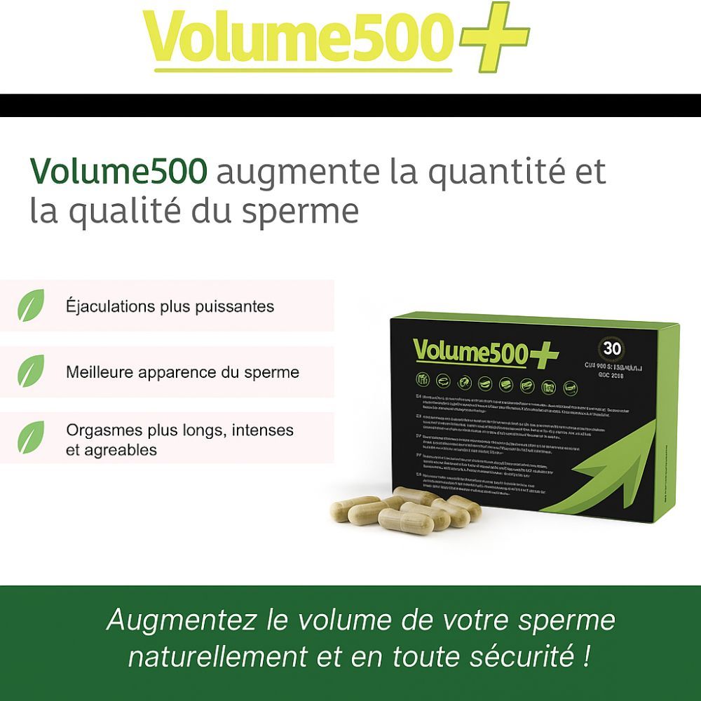 Boîte Volume500+ avec gélules. Texte: Volume500 augmente la quantité et la qualité du sperme.