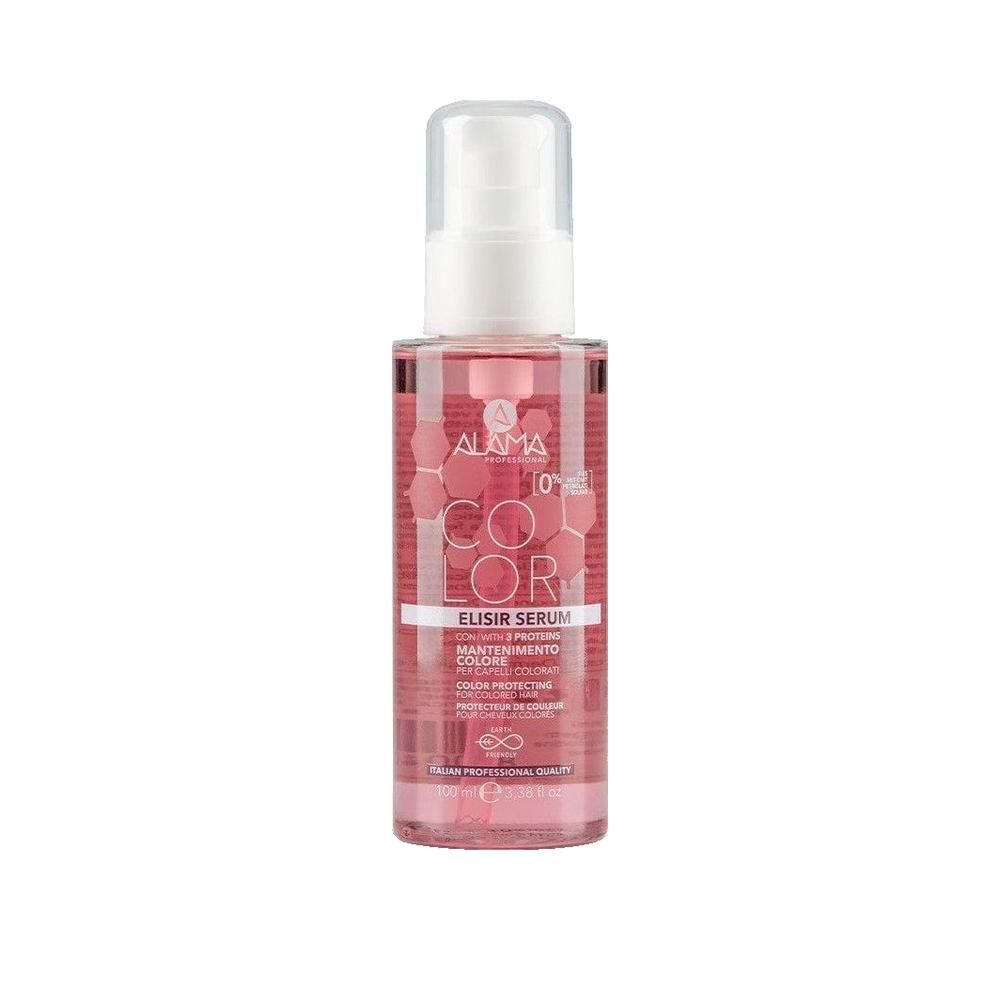 Flacon de sérum rose avec pompe. Inscription: ALAMA COLOR ELISIR SERUM. Pour cheveux colorés.