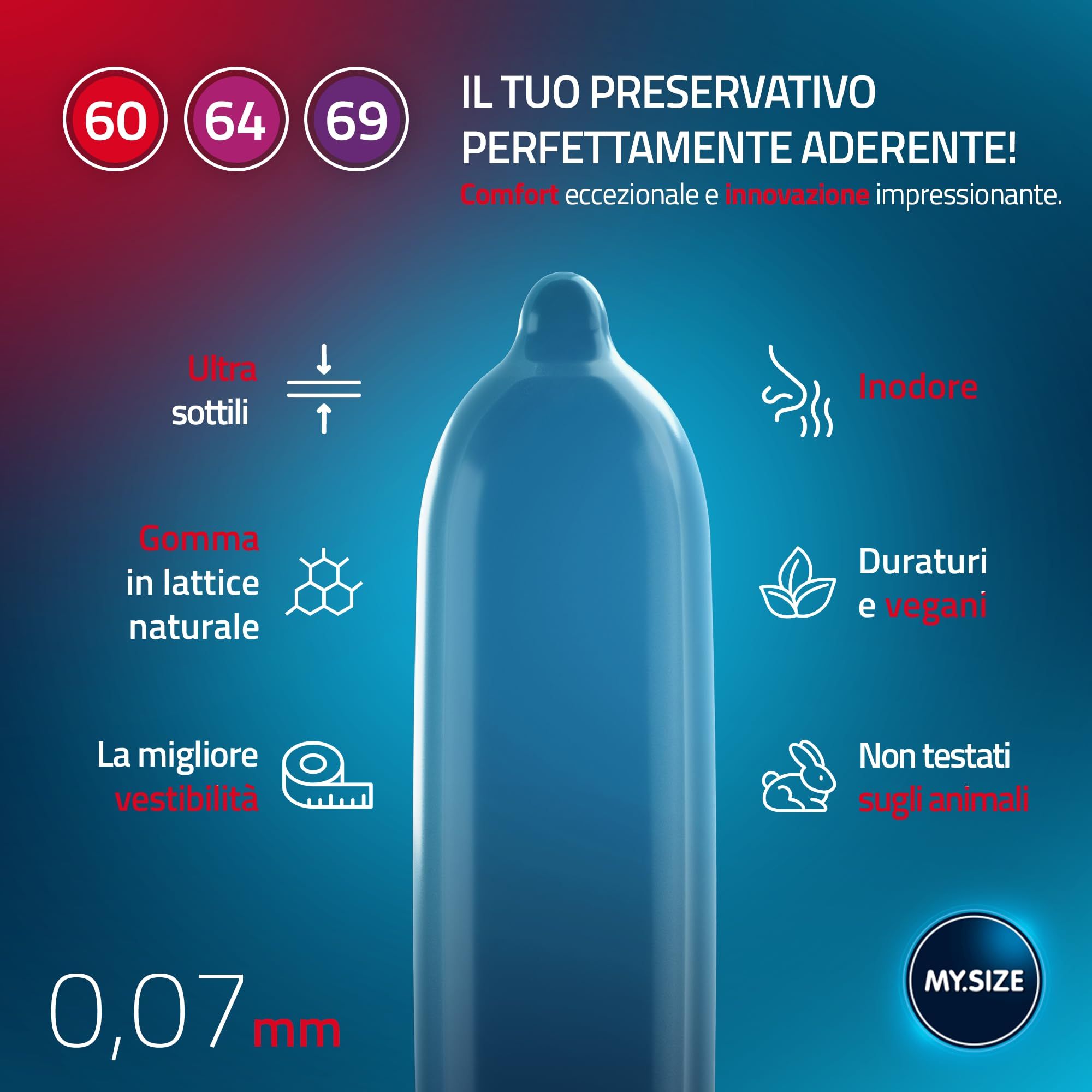 Préservatif bleu avec icônes : fin, latex, bon ajustement, sans odeur, durable, vegan, non testé sur animaux.