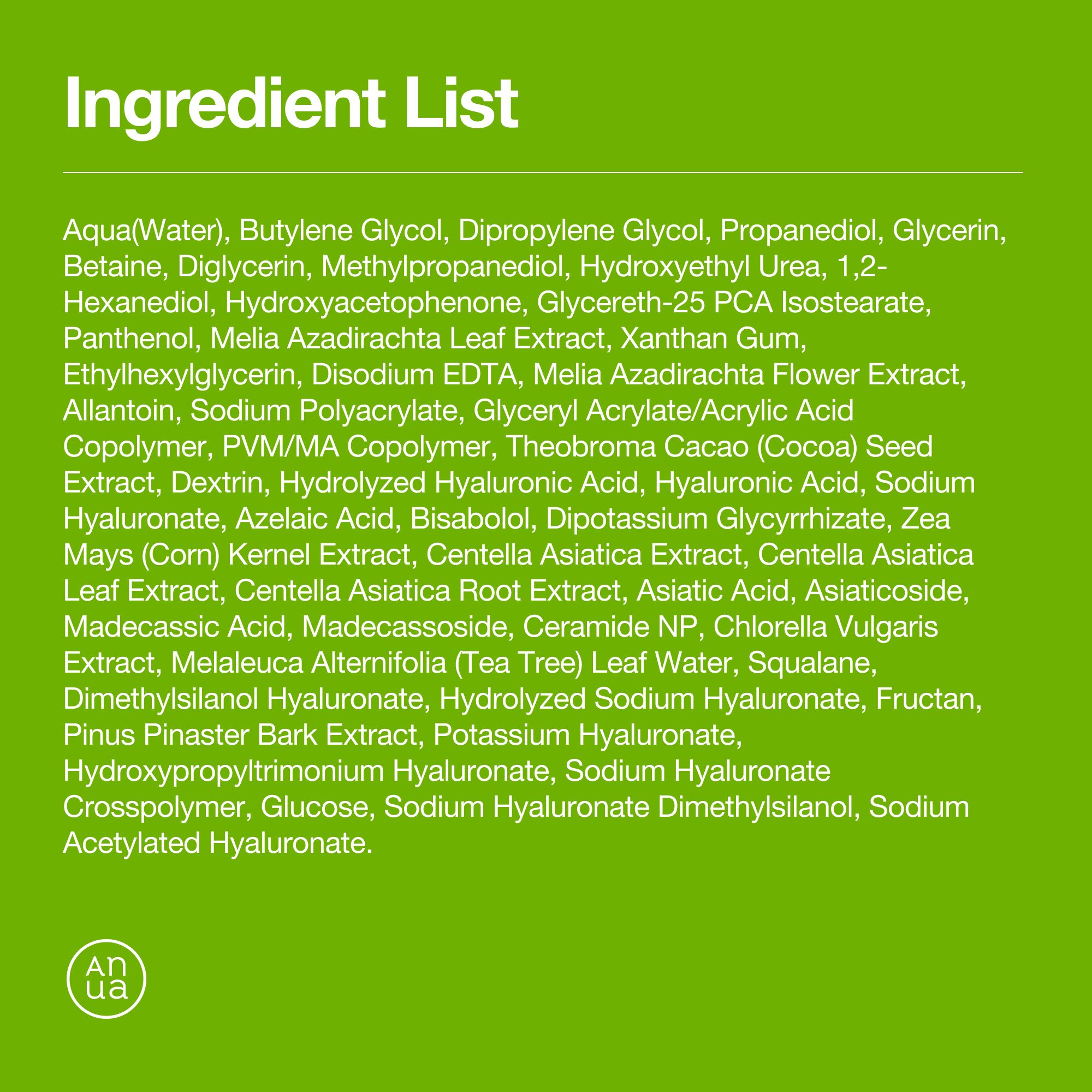 Liste des ingrédients des Anua Azelaic Acid 10 Hyaluron Serum Pads.