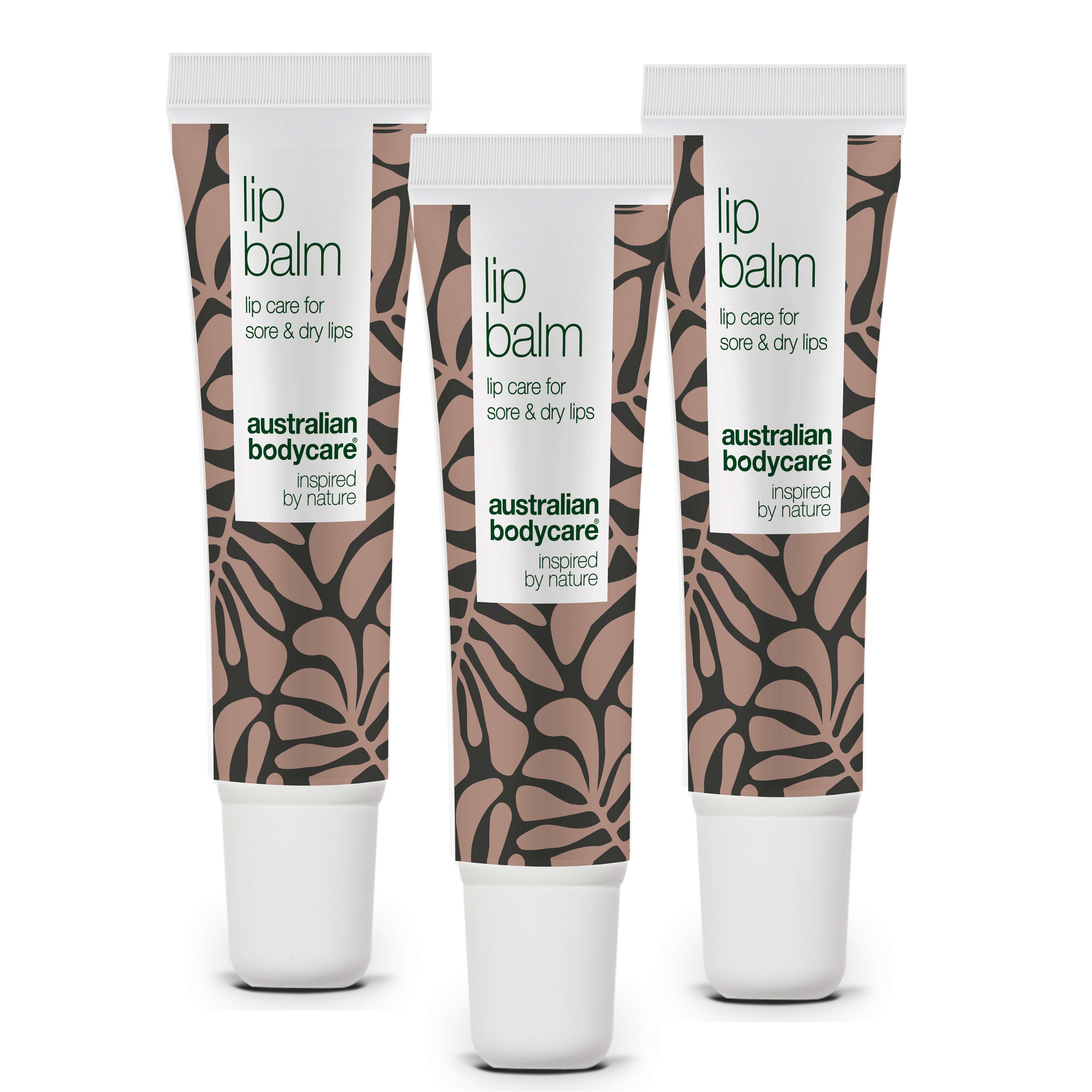 Trois tubes de baume à lèvres, design blanc et marron, texte: Lip Balm, australian bodycare.