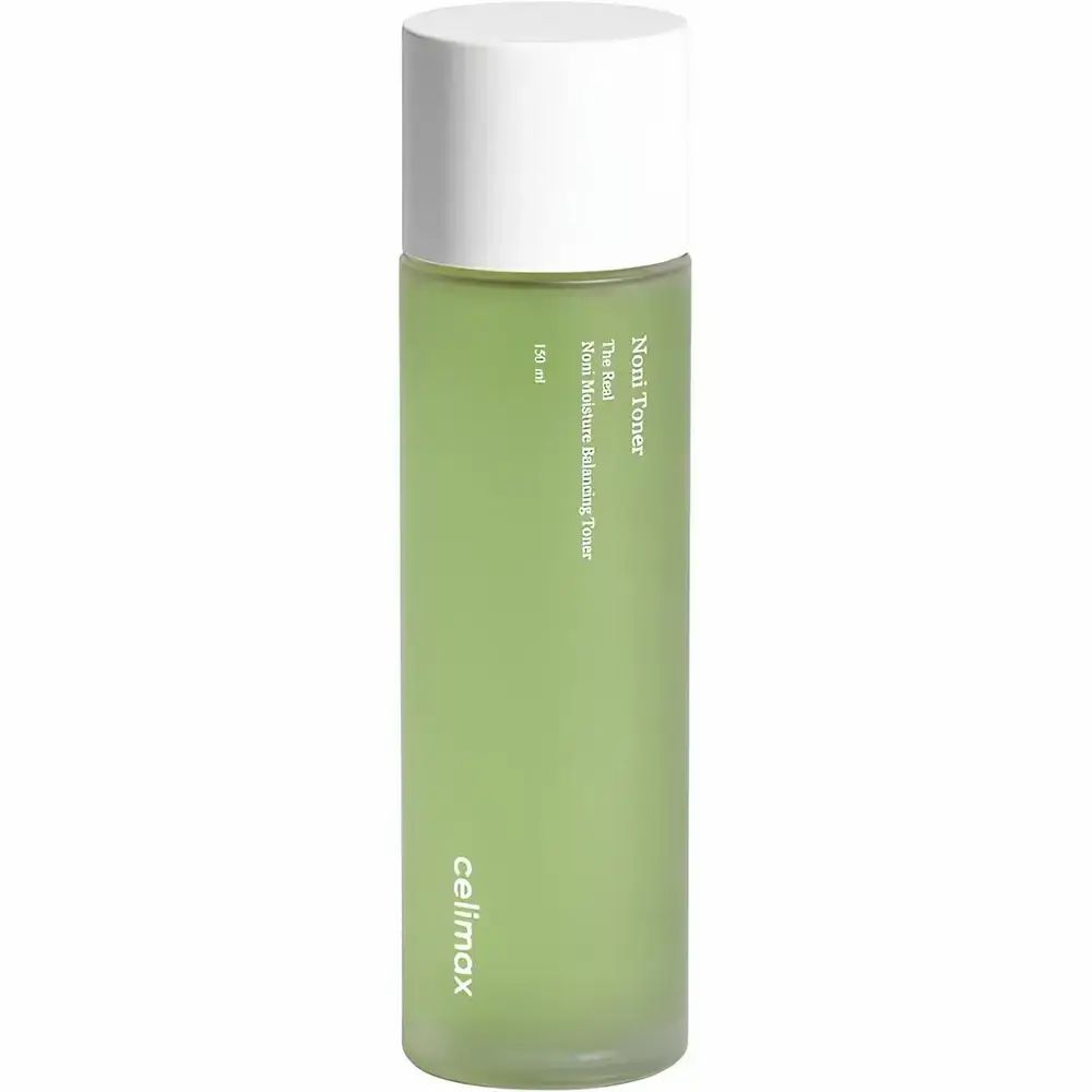 Groene fles met witte dop. Opschrift: Noni Toner, The Real Rich Moisture Balancing Toner. Merk: Celimax.