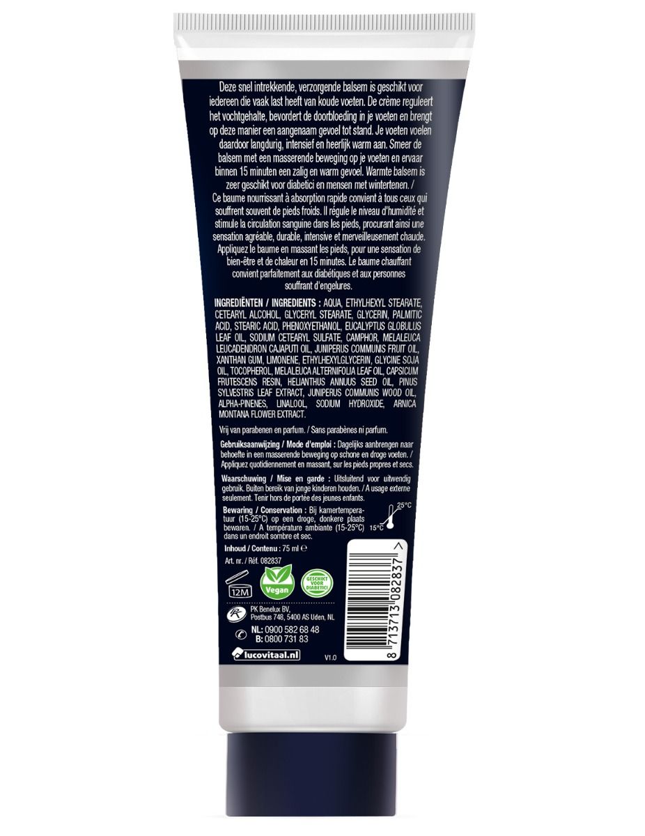 Dos du tube. Texte avec ingrédients et instructions d'utilisation. Contient 75 ml. Logos végétalien et recyclable.