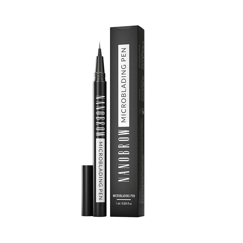 Stylo noir avec capuchon et emballage. Inscription : NANOBROW MICROBLADING PEN. Emballage noir.