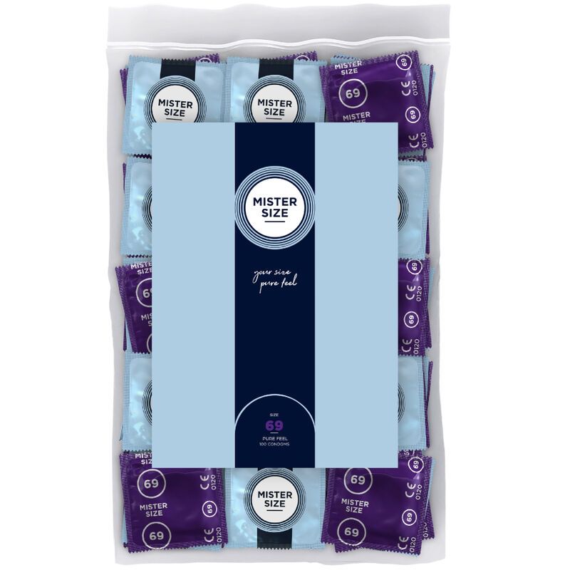 Sachet de préservatifs. Emballages individuels bleus et violets. Inscription : Mister Size, 69.