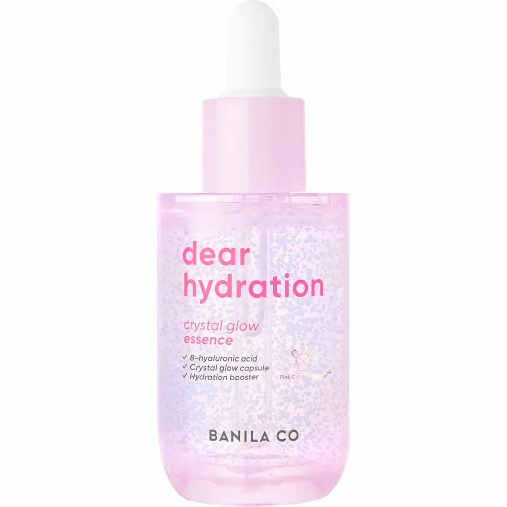 BANILA CO Dear Hydration Crystal Glow Essence. Roze flesje met witte dop en pipet. Productinformatie.