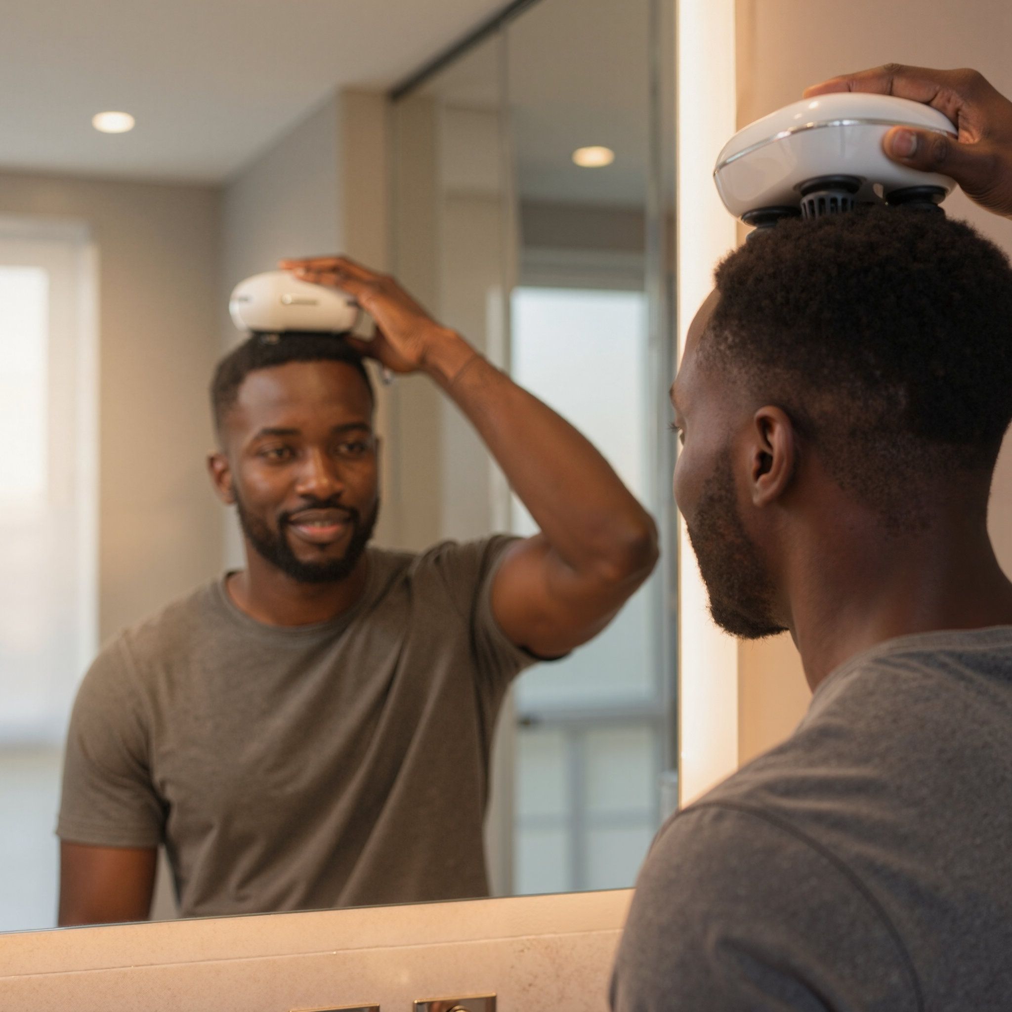 Homme utilisant un masseur blanc sur sa tête. Le reflet montre l'action. Têtes de massage noires.