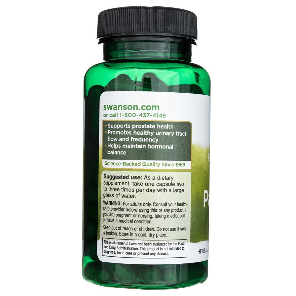 Arrière d'une bouteille de gélules Saw Palmetto avec instructions et caractéristiques de qualité.