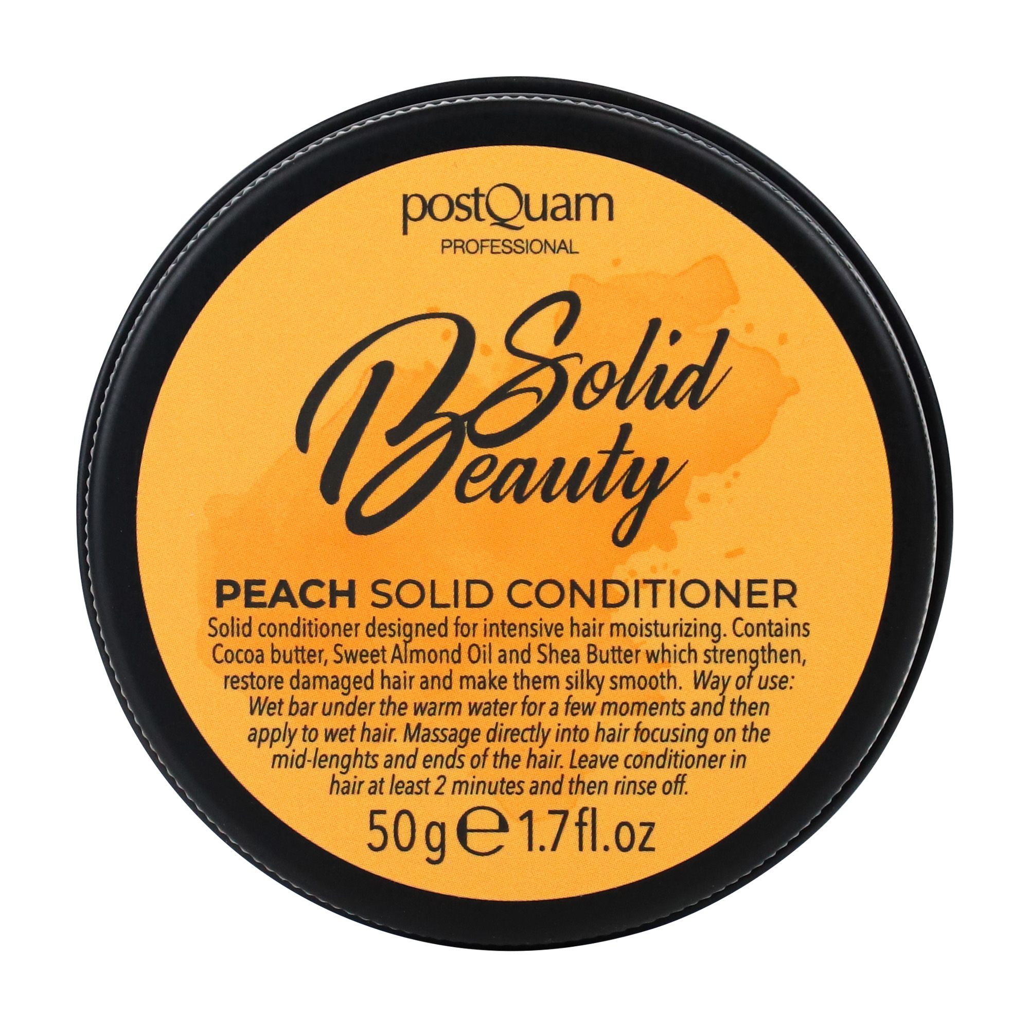 Pot met gele vaste conditioner. Deksel met opschrift "Solid Beauty" en productinformatie. Zwarte rand.