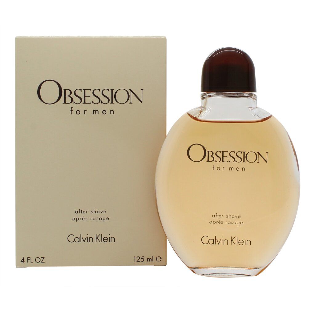 Calvin Klein Obsession for Men aftershave lotion. Fles en verpakking. Beige fles met bruine dop. Opschrift Obsession for men.