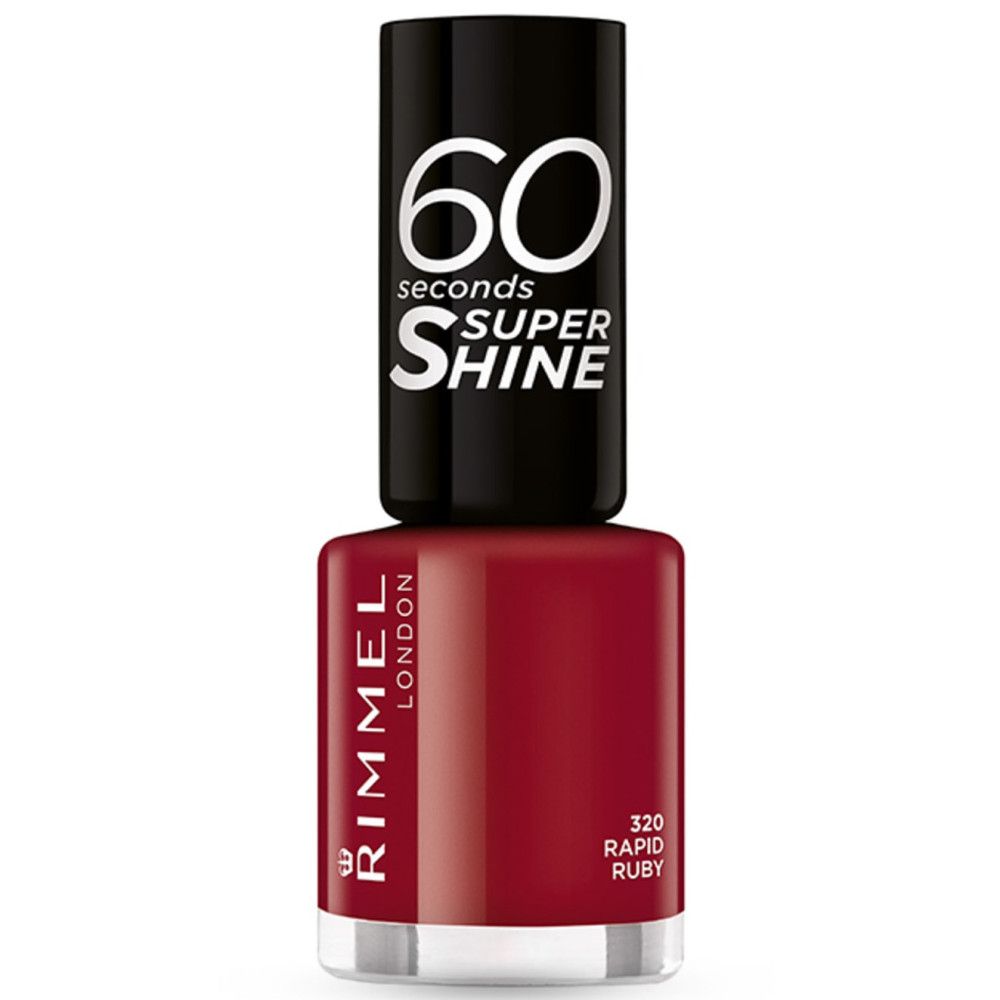 Rimmel nagellak, rood, met zwarte dop. Opschrift: 60 Seconds Super Shine, Rapid Ruby.