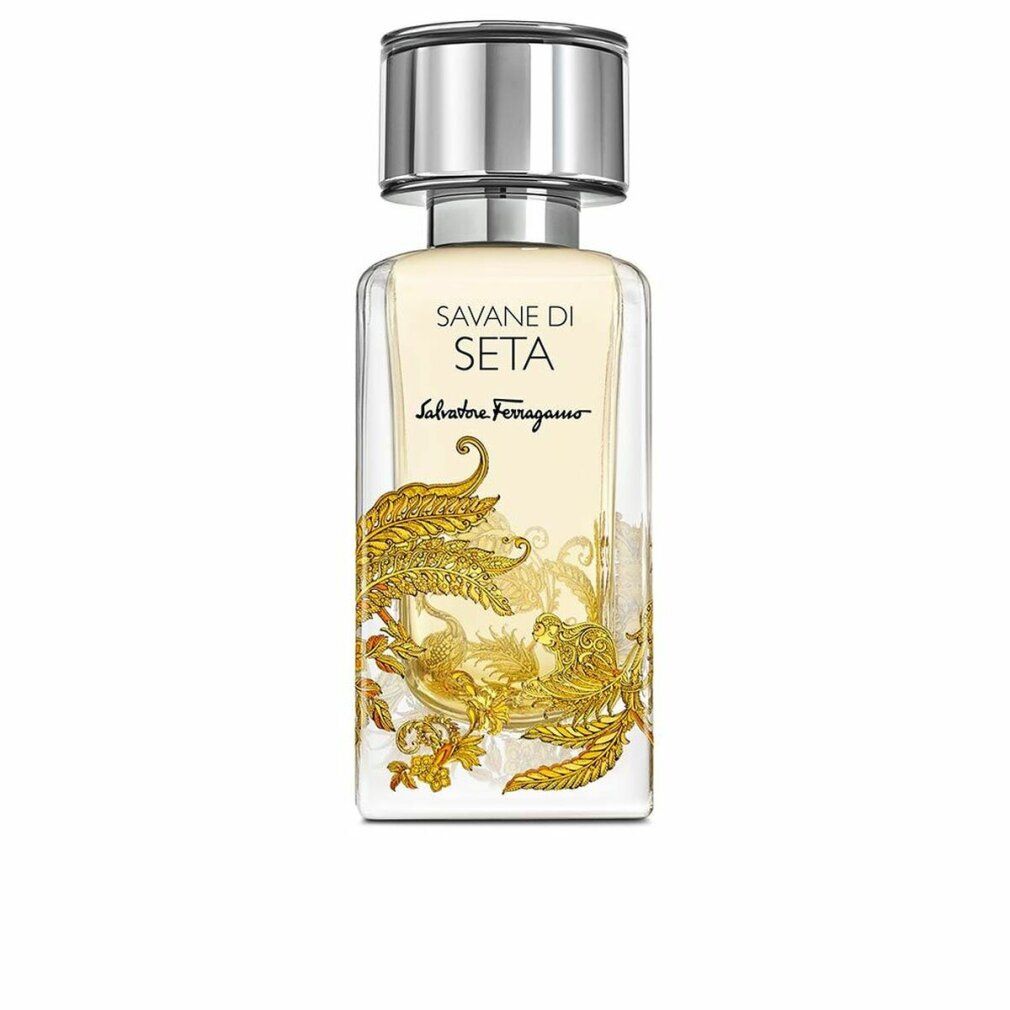 Flacon de Salvatore Ferragamo Savane Di Seta Eau de Parfum avec bouchon argenté et décor doré.