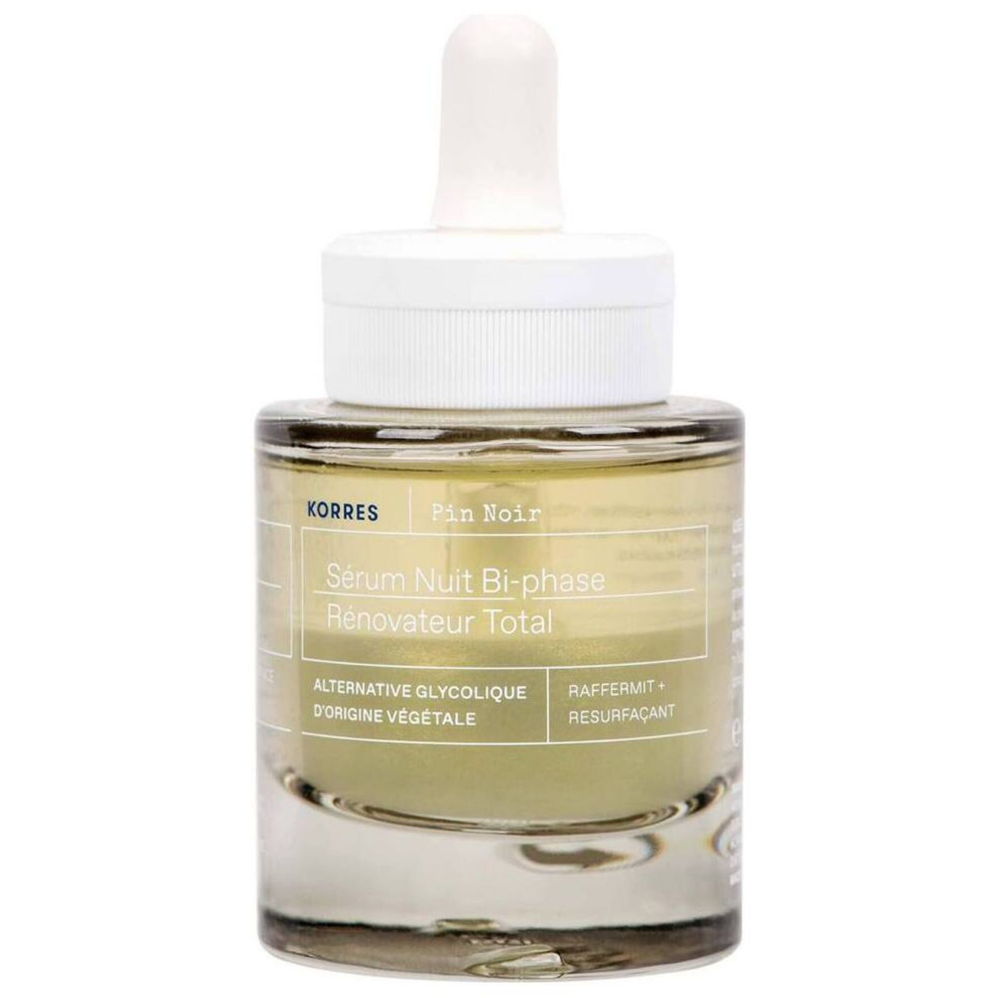 KORRES Black Pine Serum: glazen fles met druppelaar, geel serum. 30 ml.
