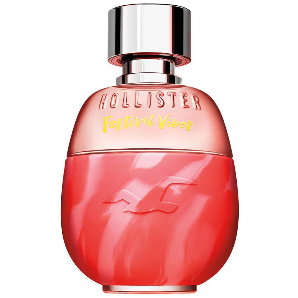 Rode fles met zilveren dop. Opschrift: Hollister Festival Vibes. Fles met zilveren dop.