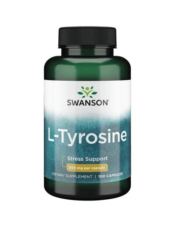 Groene fles met L-Tyrosine capsules, 500 mg per capsule, 100 capsules.