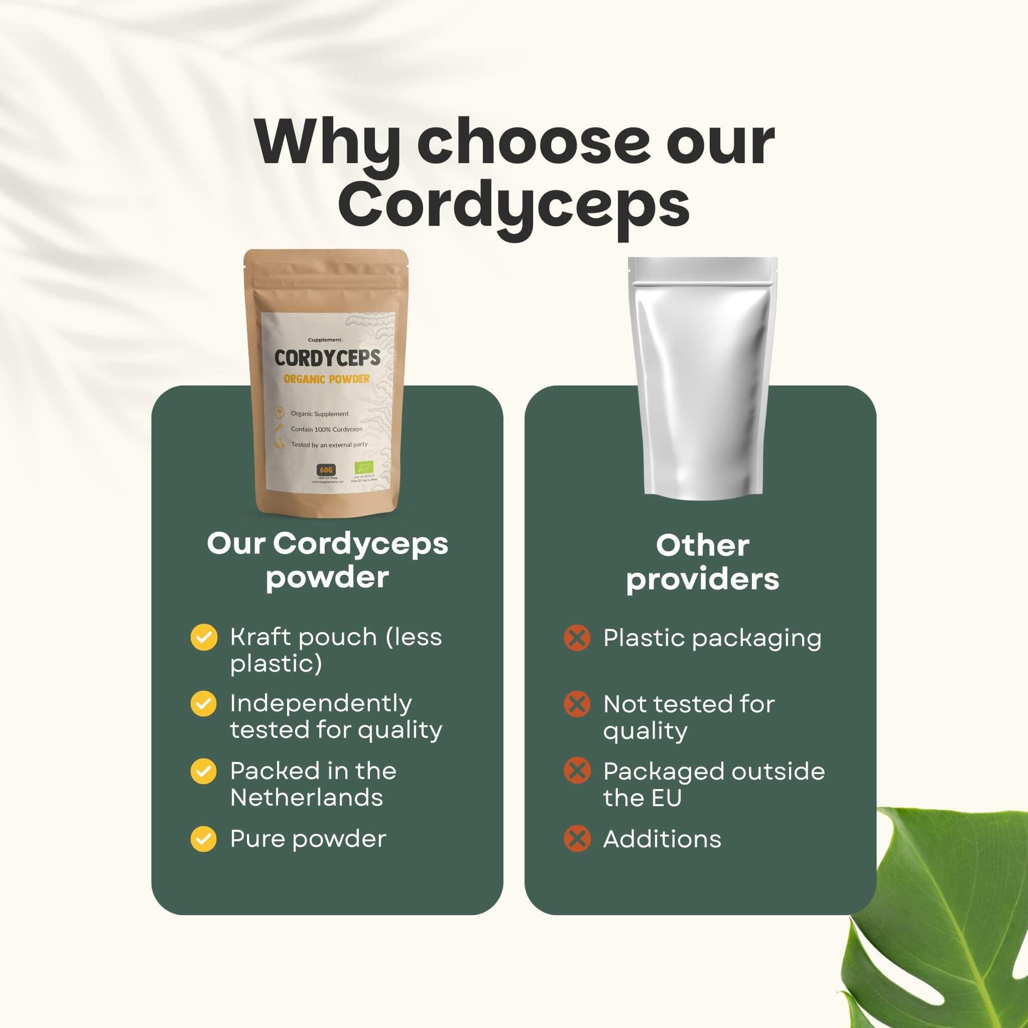 Comparaison : Notre poudre de Cordyceps vs. autres fournisseurs. Sachet en papier kraft, qualité vérifiée, poudre pure.