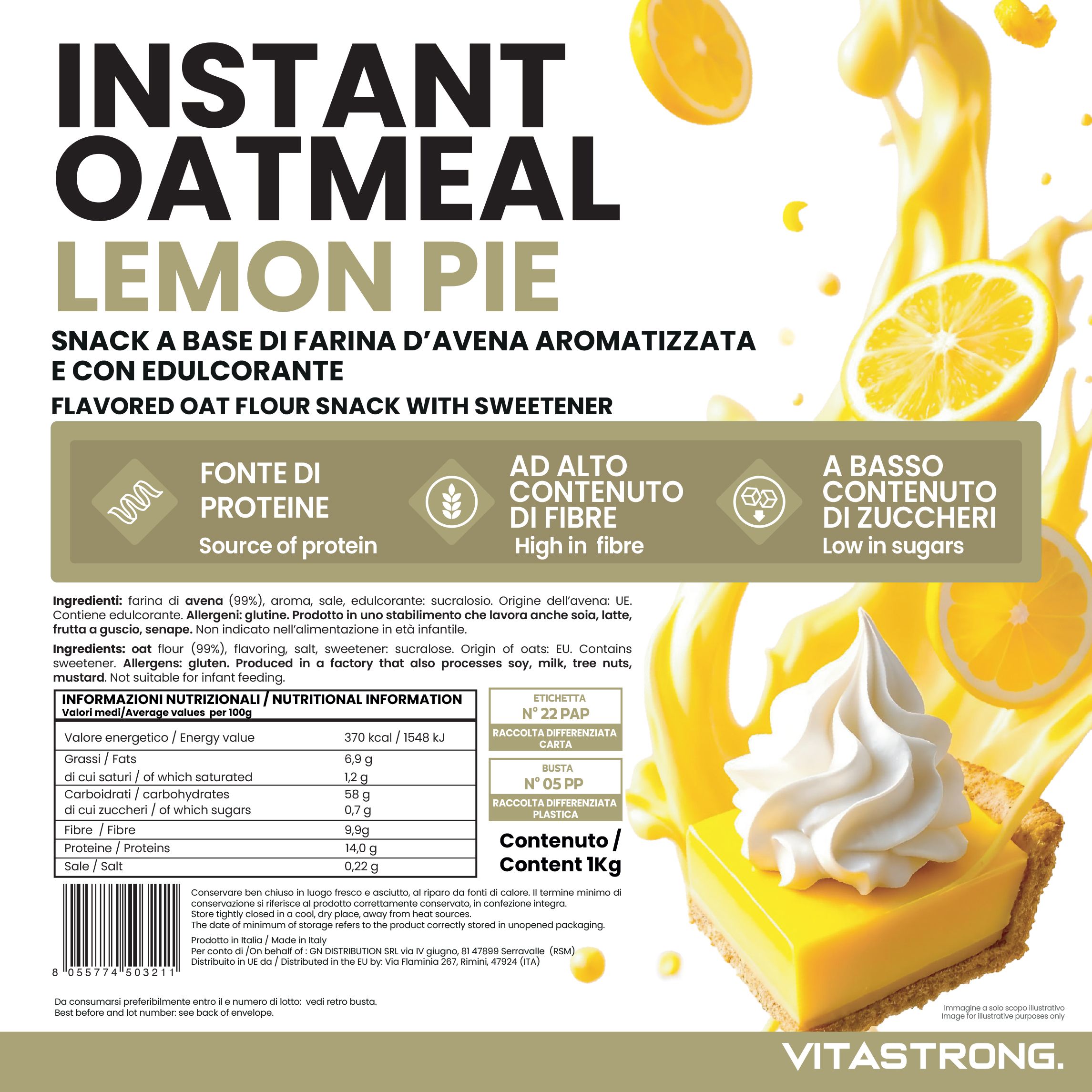 Emballage de Instant Oatmeal Lemon Pie. Contient des informations nutritionnelles et des ingrédients. Représentation d'une tarte au citron avec de la crème.