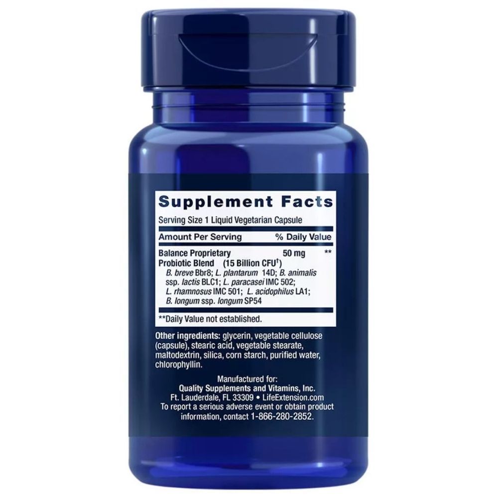 Achterkant van de Life Extension Florassist GI fles met voedingsfeiten.