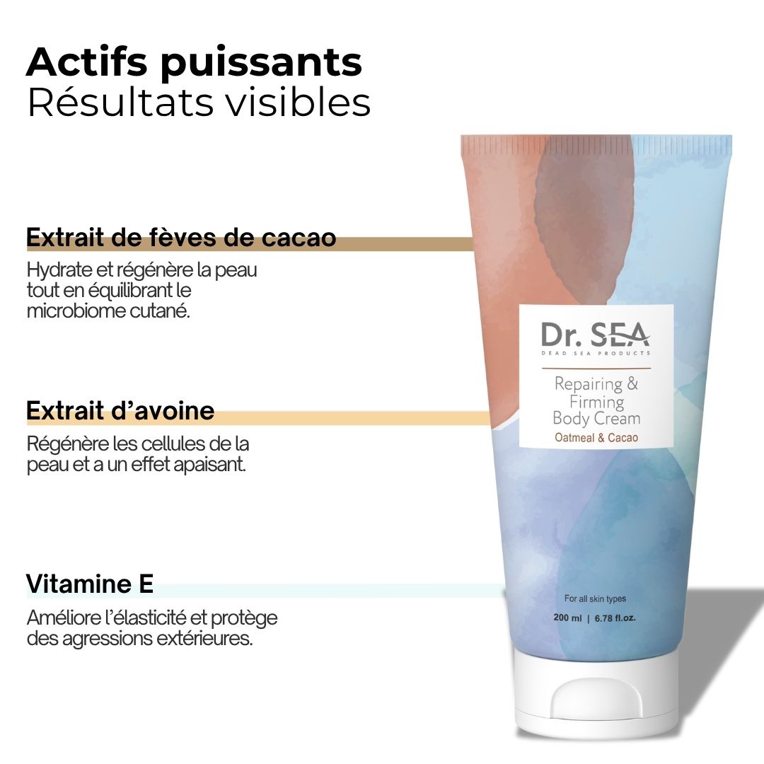 Tube "Dr. SEA" avec texte. Texte: Extrait de fèves de cacao, extrait d'avoine, vitamine E. 200 ml.