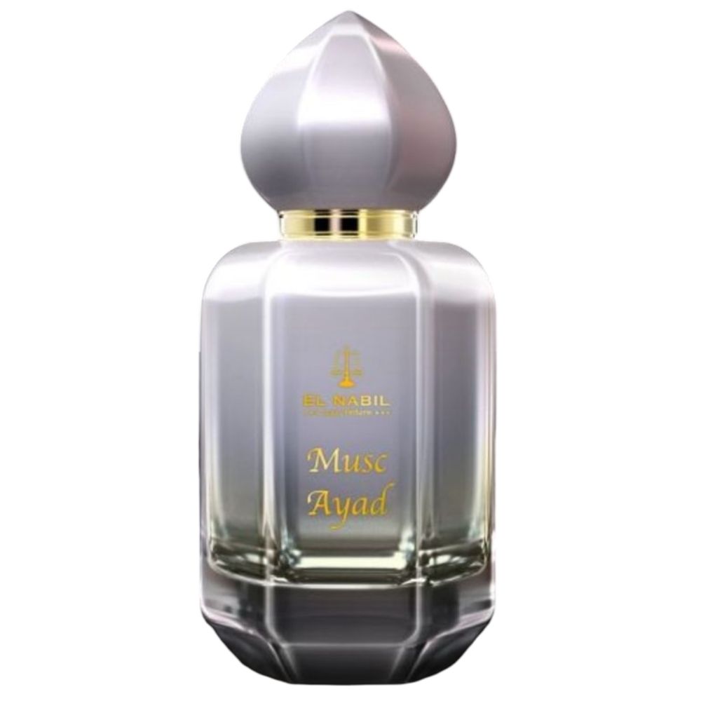Flacon de parfum avec bouchon argenté et col doré. Inscription "Musc Ayad".