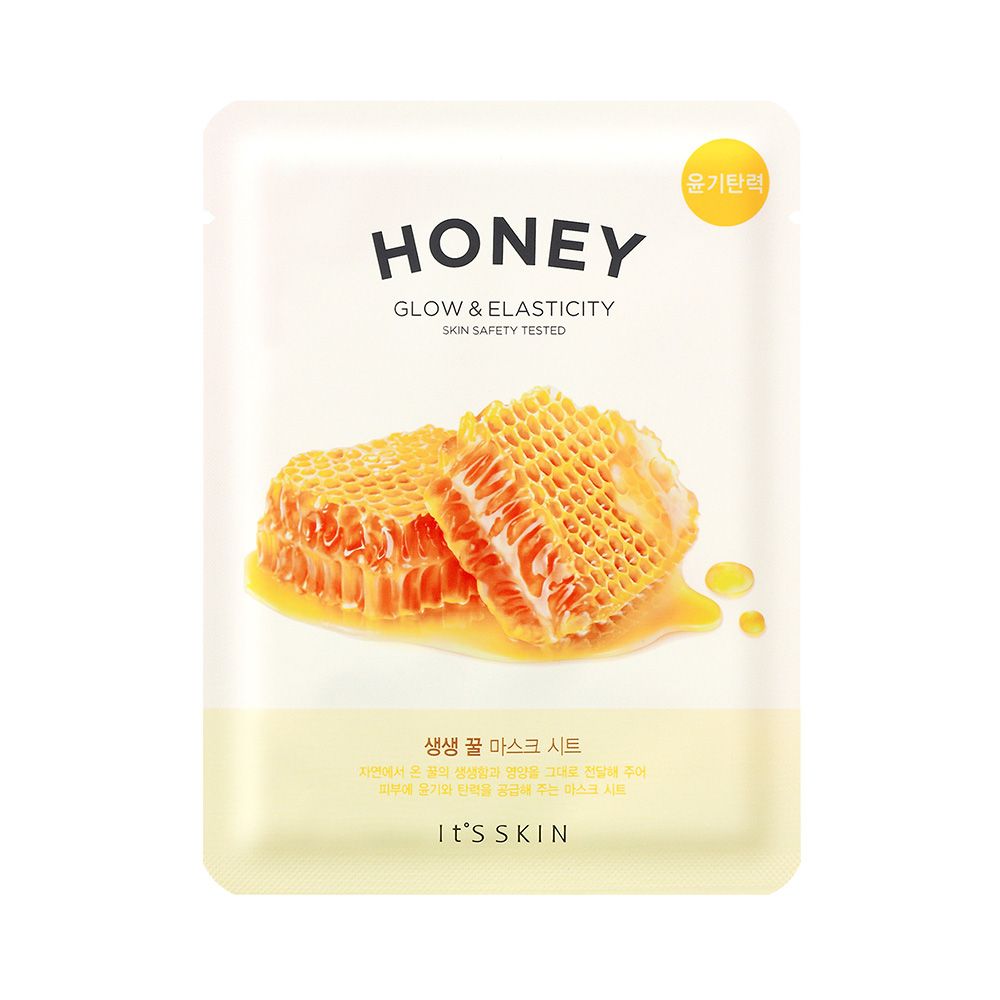 Gezichtsmasker met honingmotief. Opschrift HONEY, GLOW & ELASTICITY. Merk IT'S SKIN. Illustratie van honingraten.