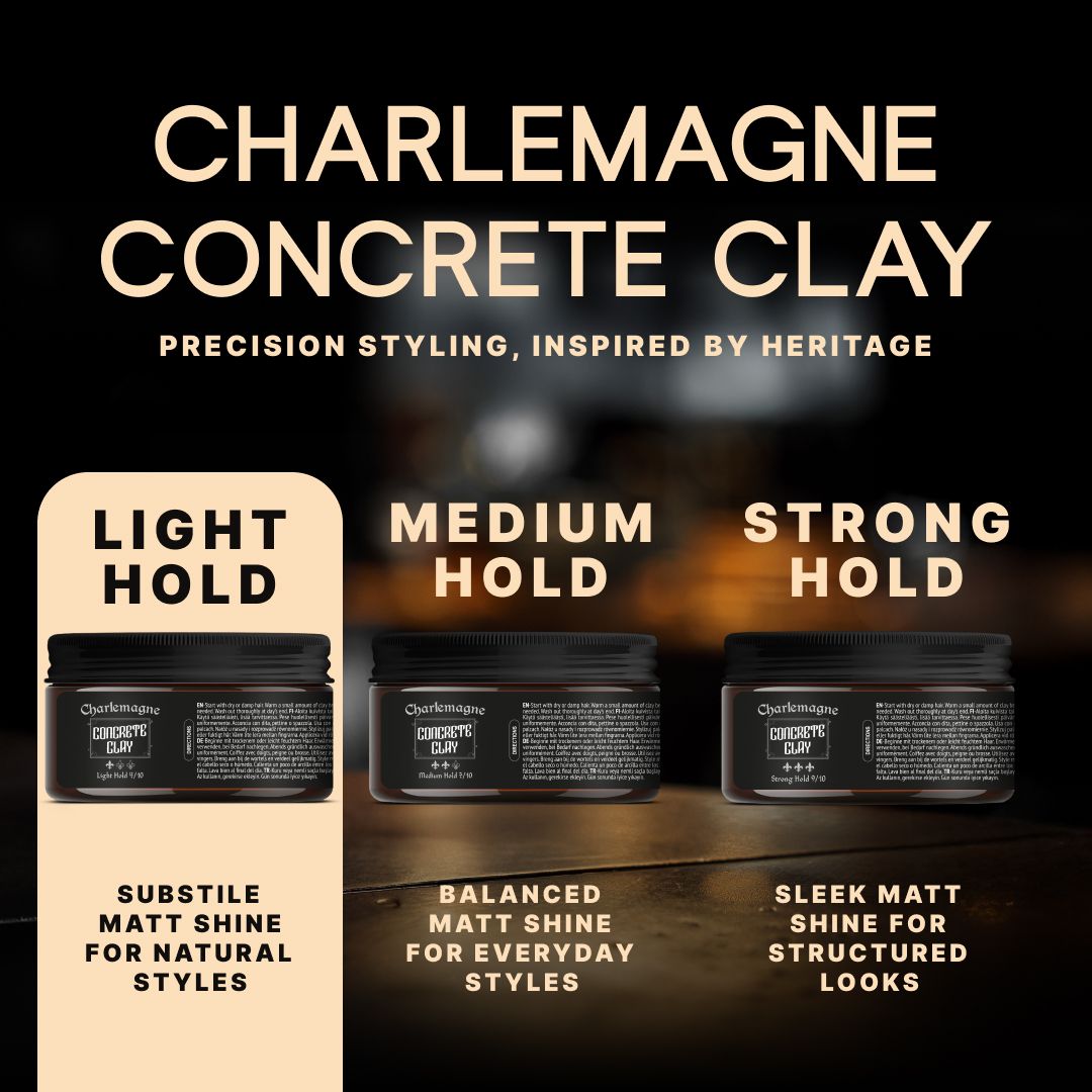 Trois boîtes noires avec des étiquettes indiquant 'Matte Pomade' et 'Charles Magn&'.