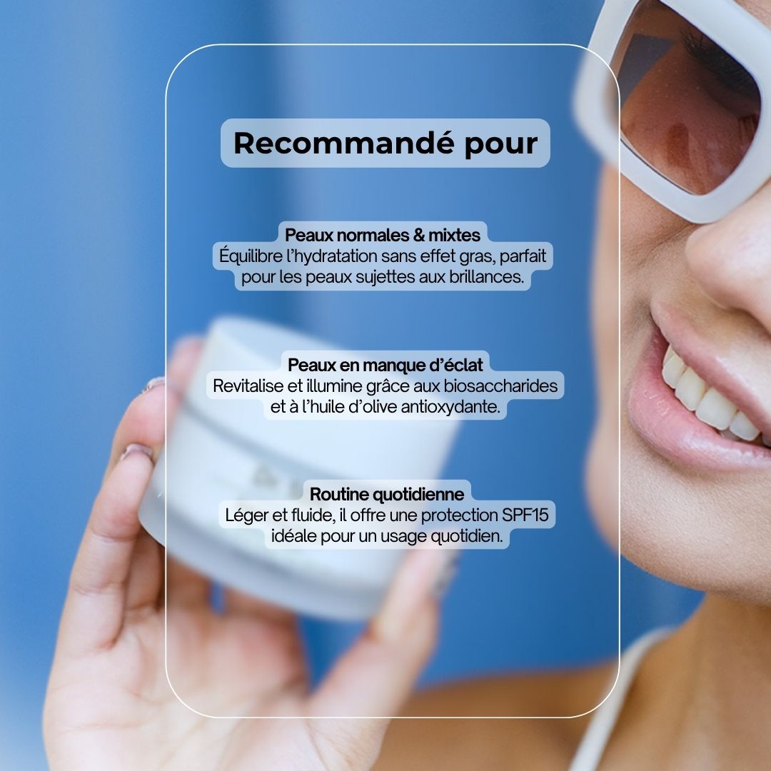 Femme avec lunettes de soleil tenant un produit. Texte : Recommandé pour : Peaux normales et mixtes, Peaux ternes, Soin quotidien.