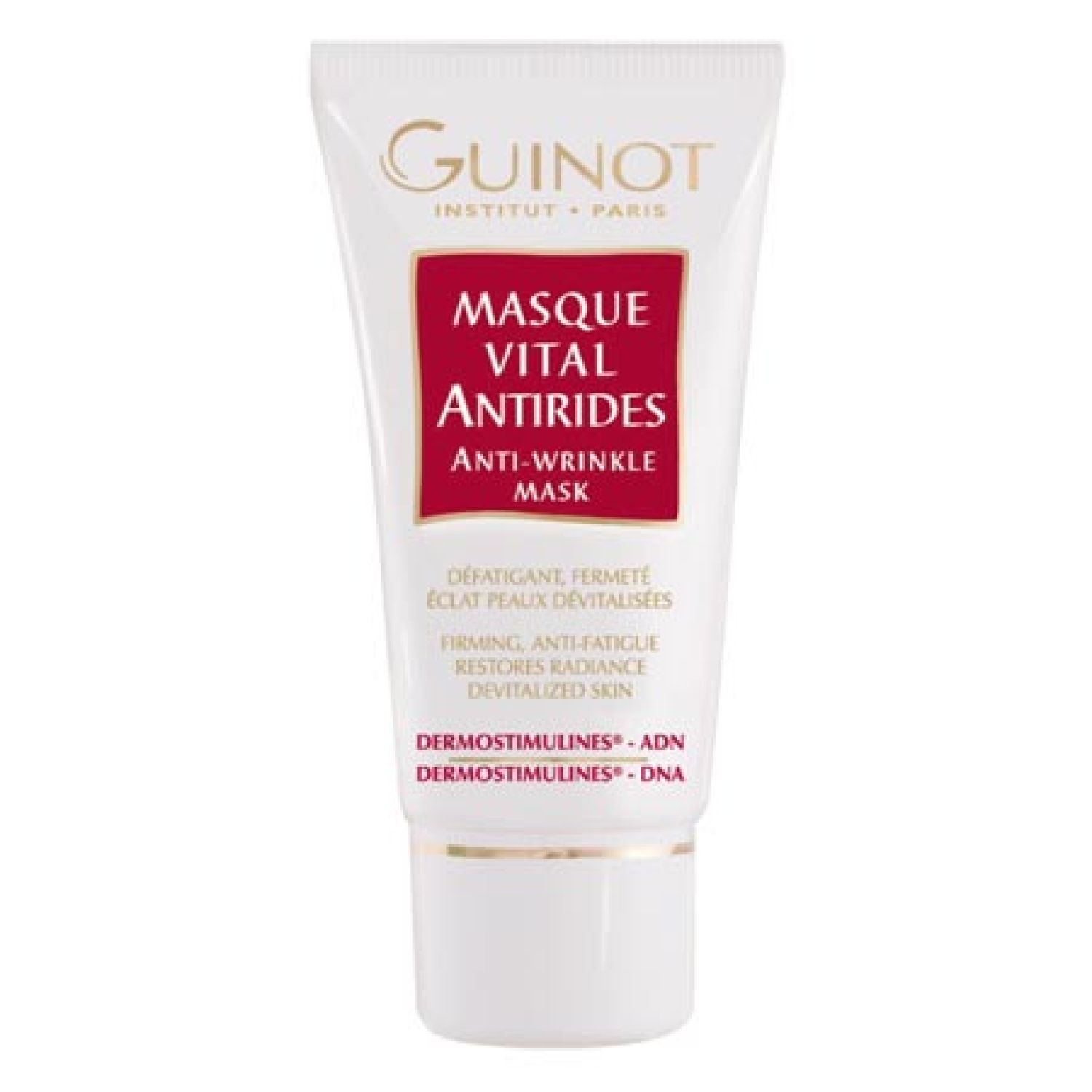 Tube blanc avec étiquette rouge. Guinot Masque Vital Antirides. Texte: Anti-Wrinkle Mask. Marque et nom du produit.