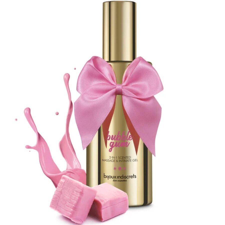 Siliconen gel fles met roze strik, roze kauwgom en spatten ernaast.