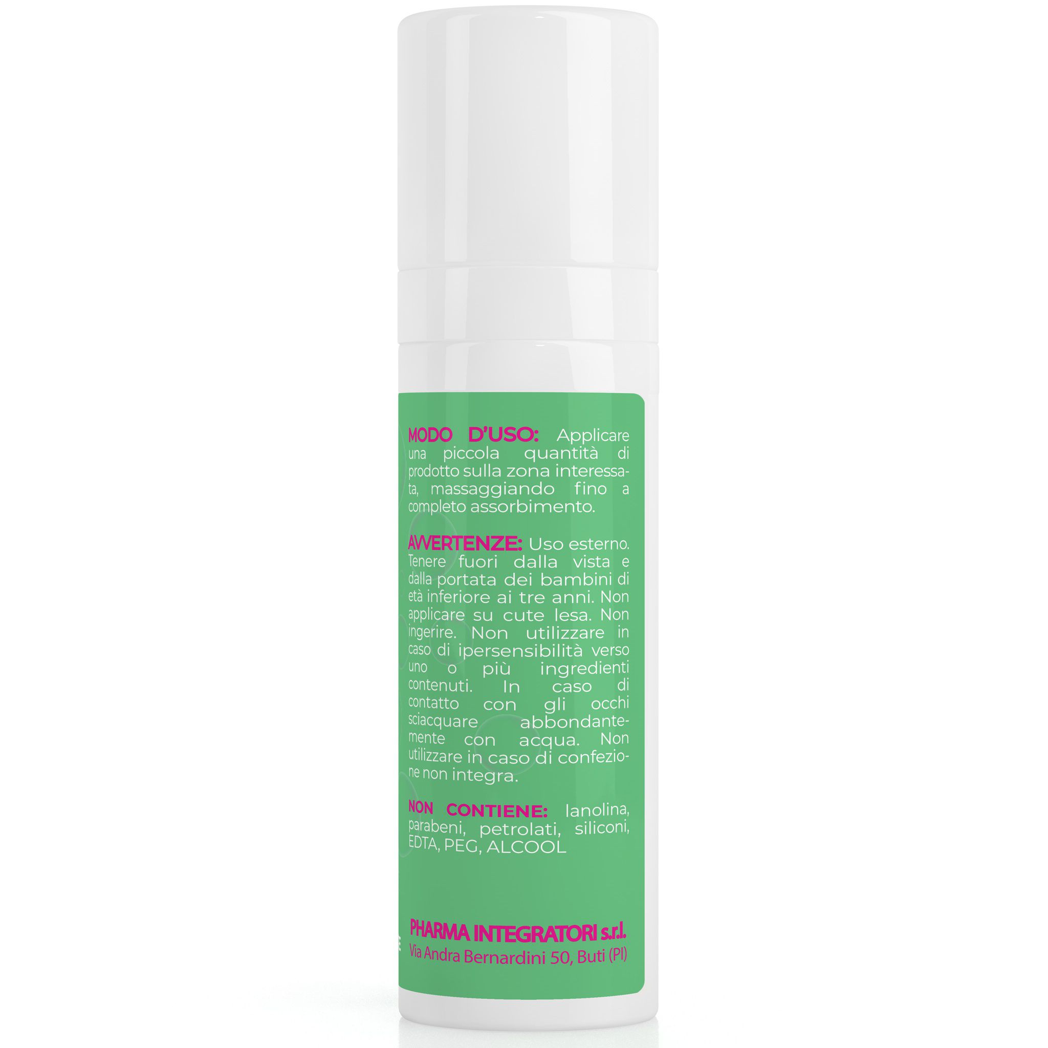 Flacon cylindrique blanc et vert. Texte en italien. Contient des ingrédients et des avertissements. Marque Pharma Integrator.