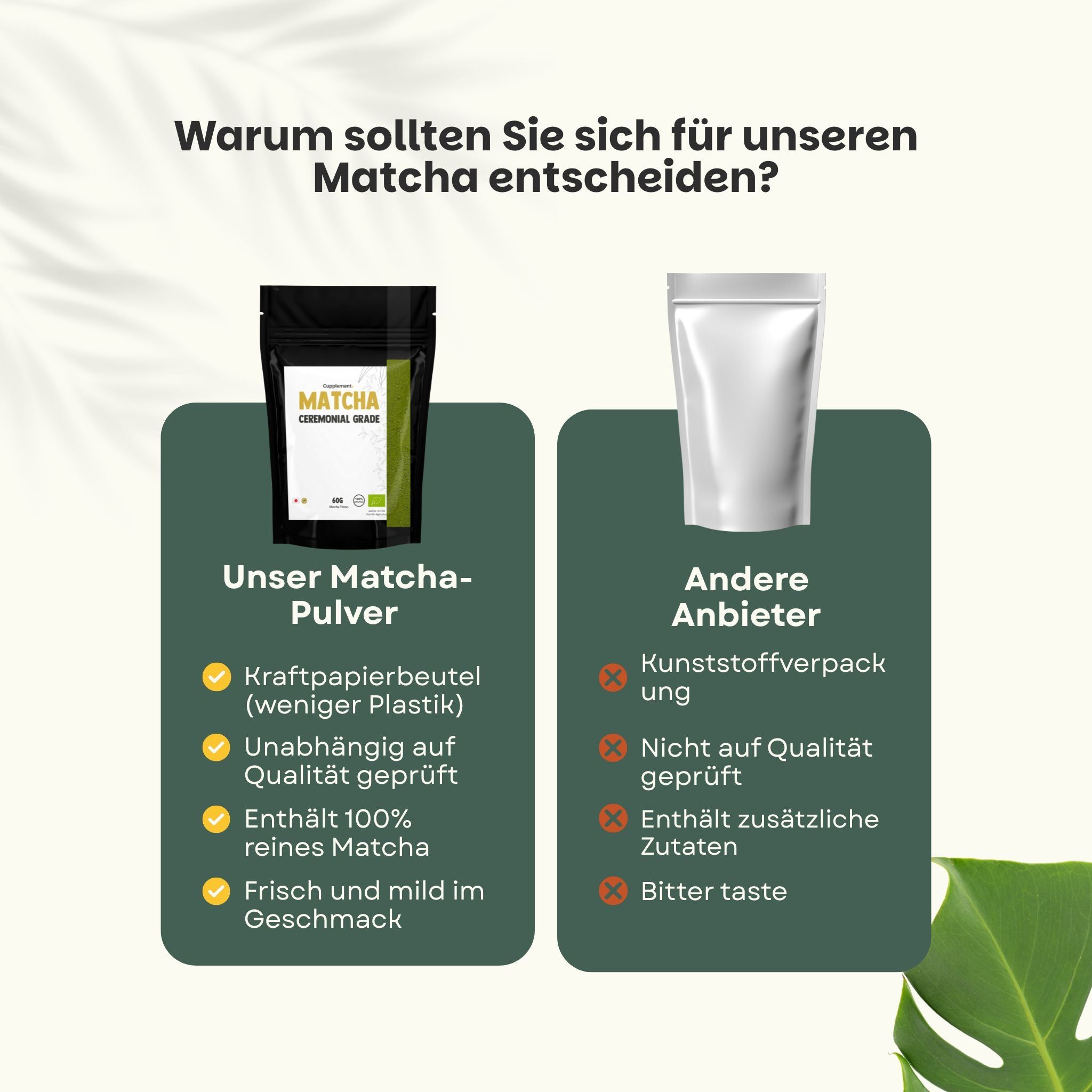 Comparaison de deux sachets : Notre poudre de matcha (papier kraft) et autre fournisseur (plastique). Avec listes.