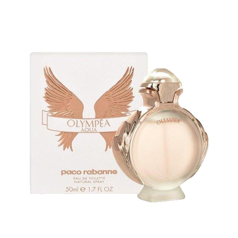 Parfumfles en verpakking. Ronde fles, lichtroze. Witte verpakking met vleugelmotief en opschrift Olympea Aqua.