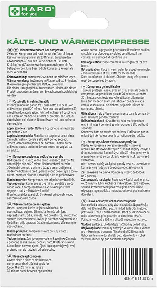 Dos de l'emballage d'une compresse froide et chaude. Texte en allemand, anglais, italien, néerlandais, tchèque.