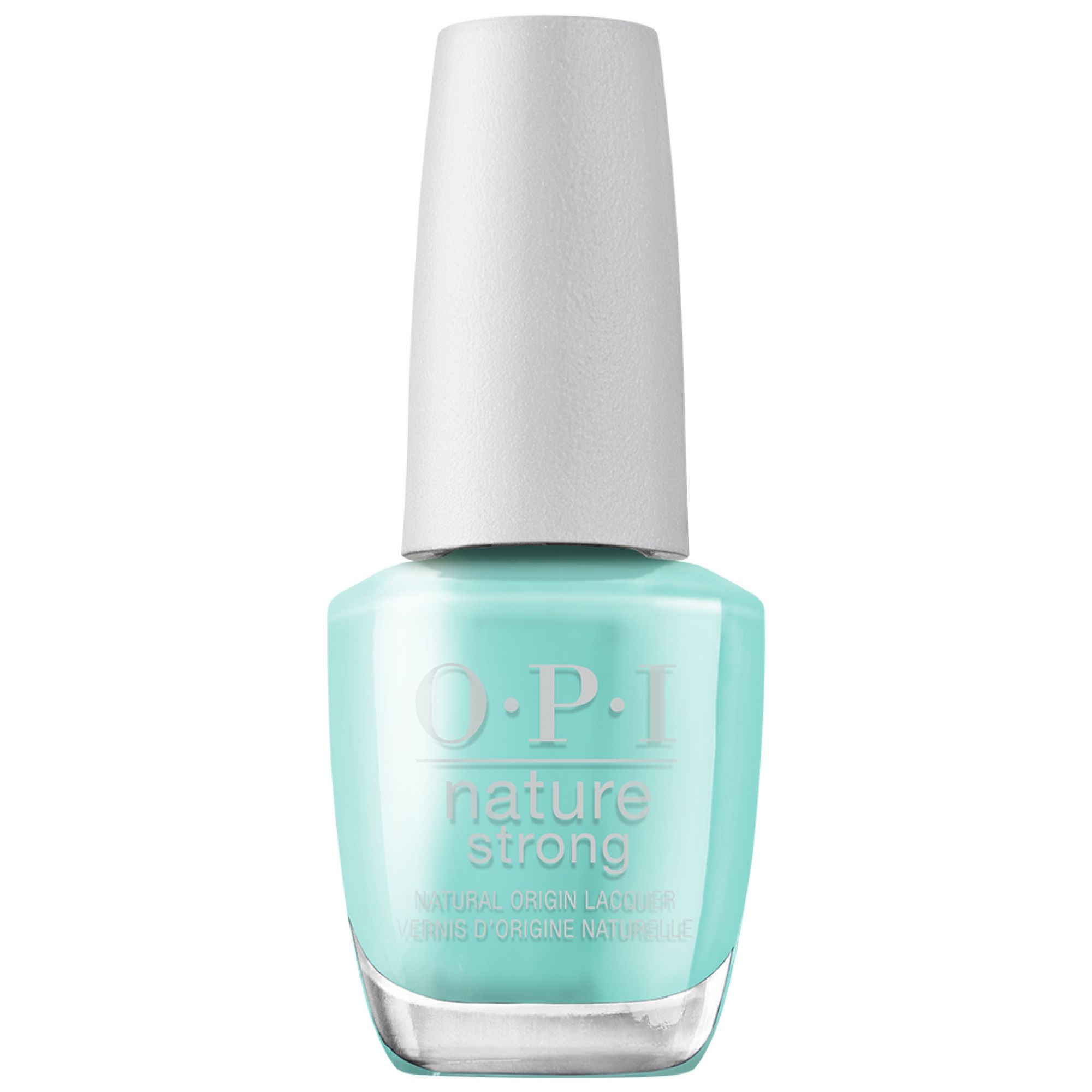 Vernis à ongles OPI Nature Strong vert clair avec capuchon blanc.