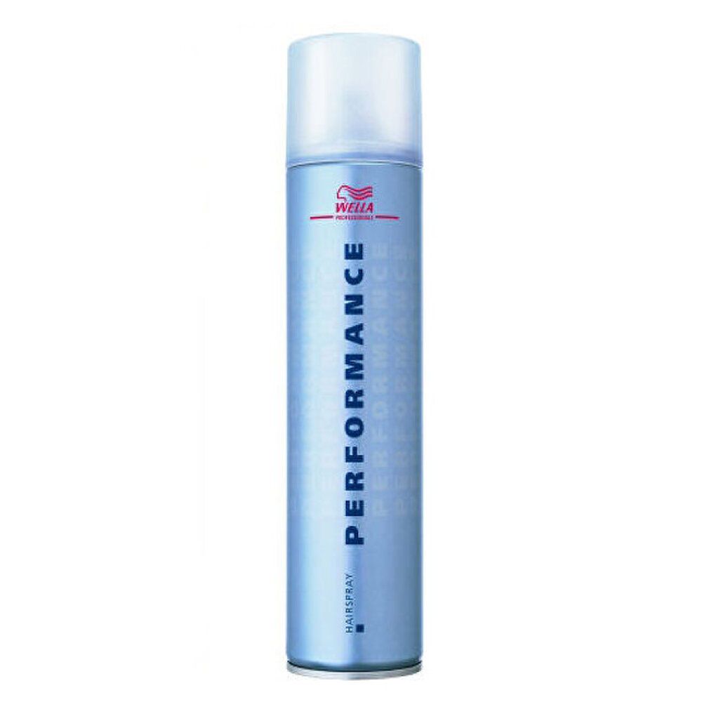 Haarspraybus met blauw etiket. Witte spuitkop. Opschrift: PERFORMANCE, HAISPRAY, WELL.
