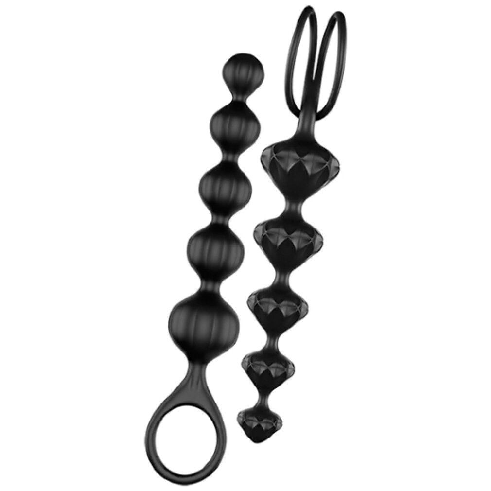 Deux chaînes de perles noires de formes différentes avec un anneau à l'extrémité.