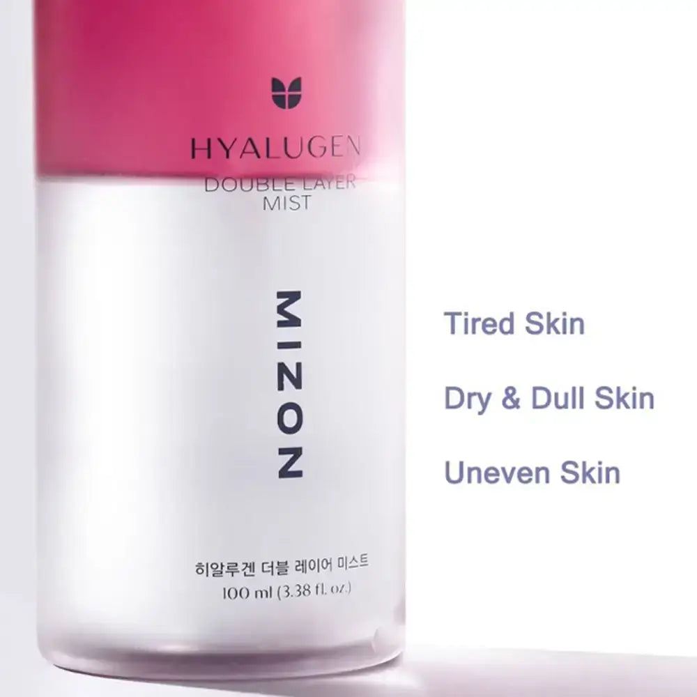 Flacon de MIZON Hyalugen Double Layer Mist. Texte : Tired Skin, Dry & Dull Skin, Uneven Skin. 100 ml.