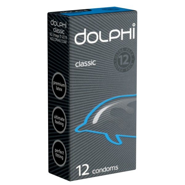 Boîte de préservatifs "DOLPHI classic". Contient 12 préservatifs. Logos "premium latex", "ultimate feeling" et "perfect fitting" visibles.