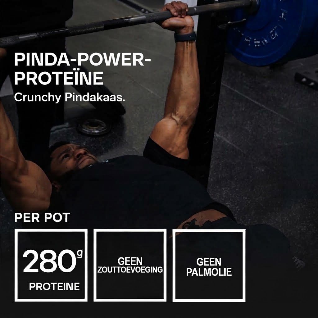 Man bankdrukt met halter. "Pinda-proteïne-kracht".