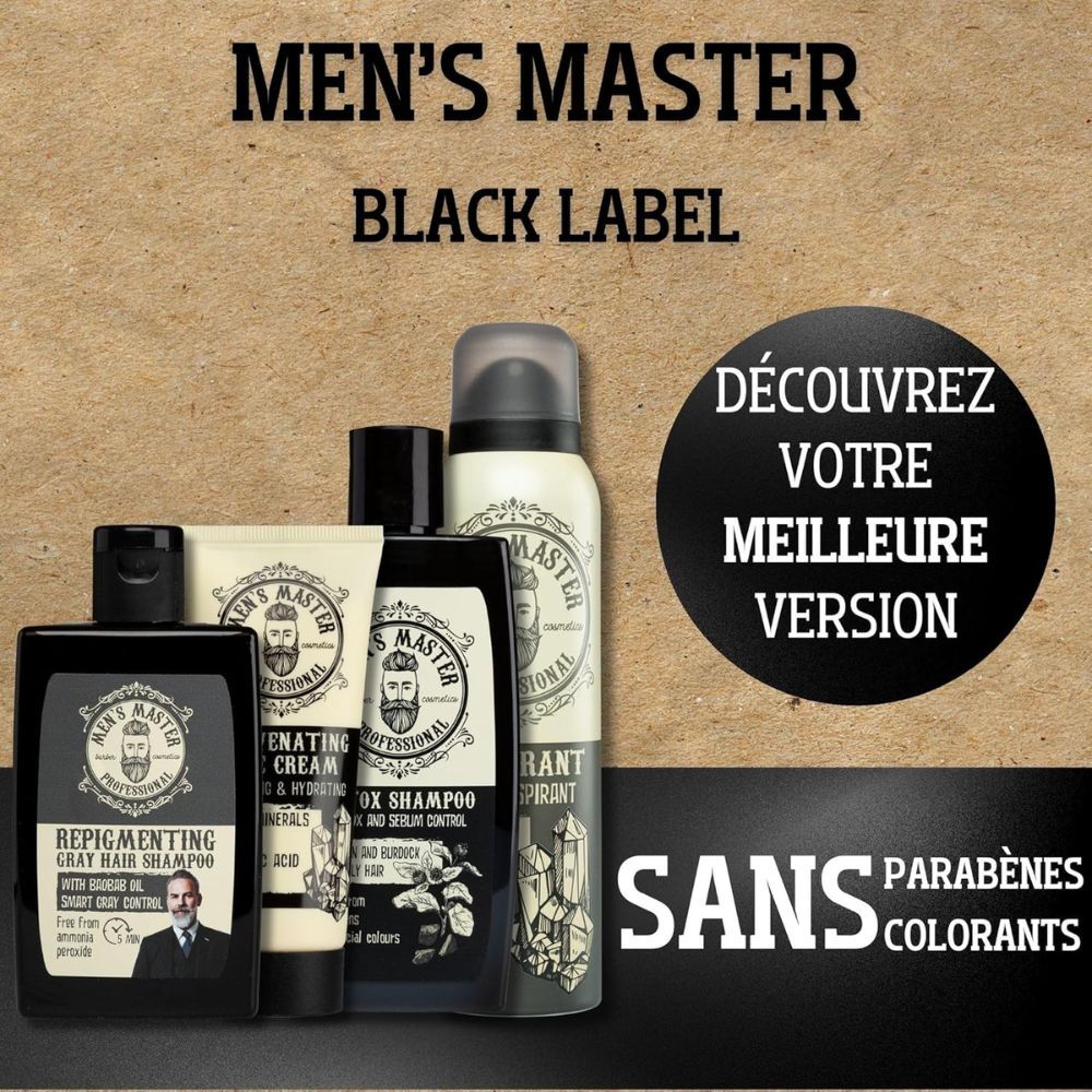 Plusieurs produits de la gamme Black Label. Texte : Découvrez votre meilleure version. Sans parabènes, colorants.