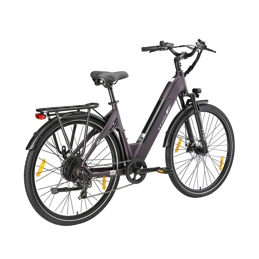 Vélo électrique violet foncé avec porte-bagages, garde-boue et éclairage. Pneus et selle noirs. Logo TTGO.