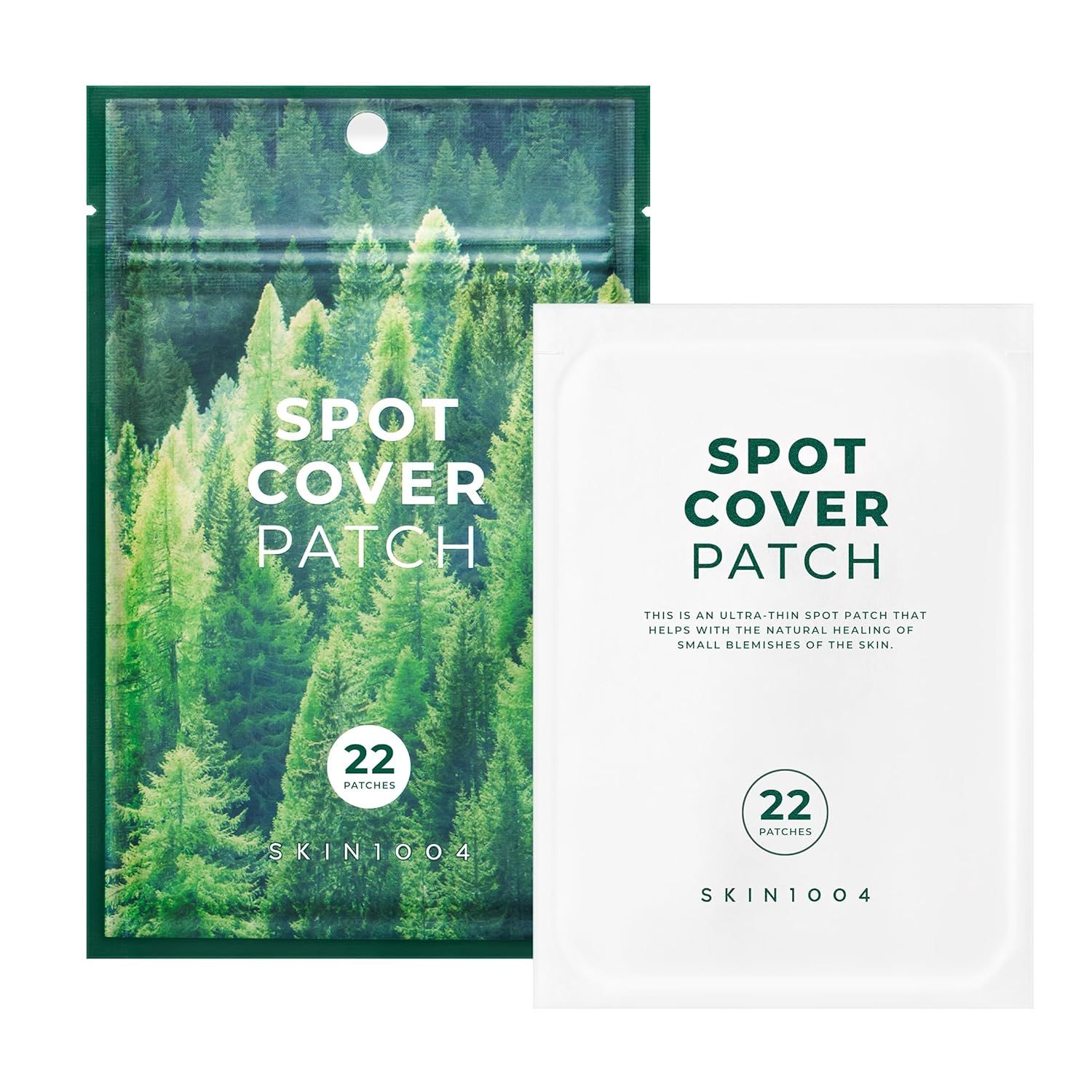 Twee verpakkingen Spot Cover Patch. Eén met bosmotief, één met patches. Tekst: Spot Cover Patch, 22 patches.