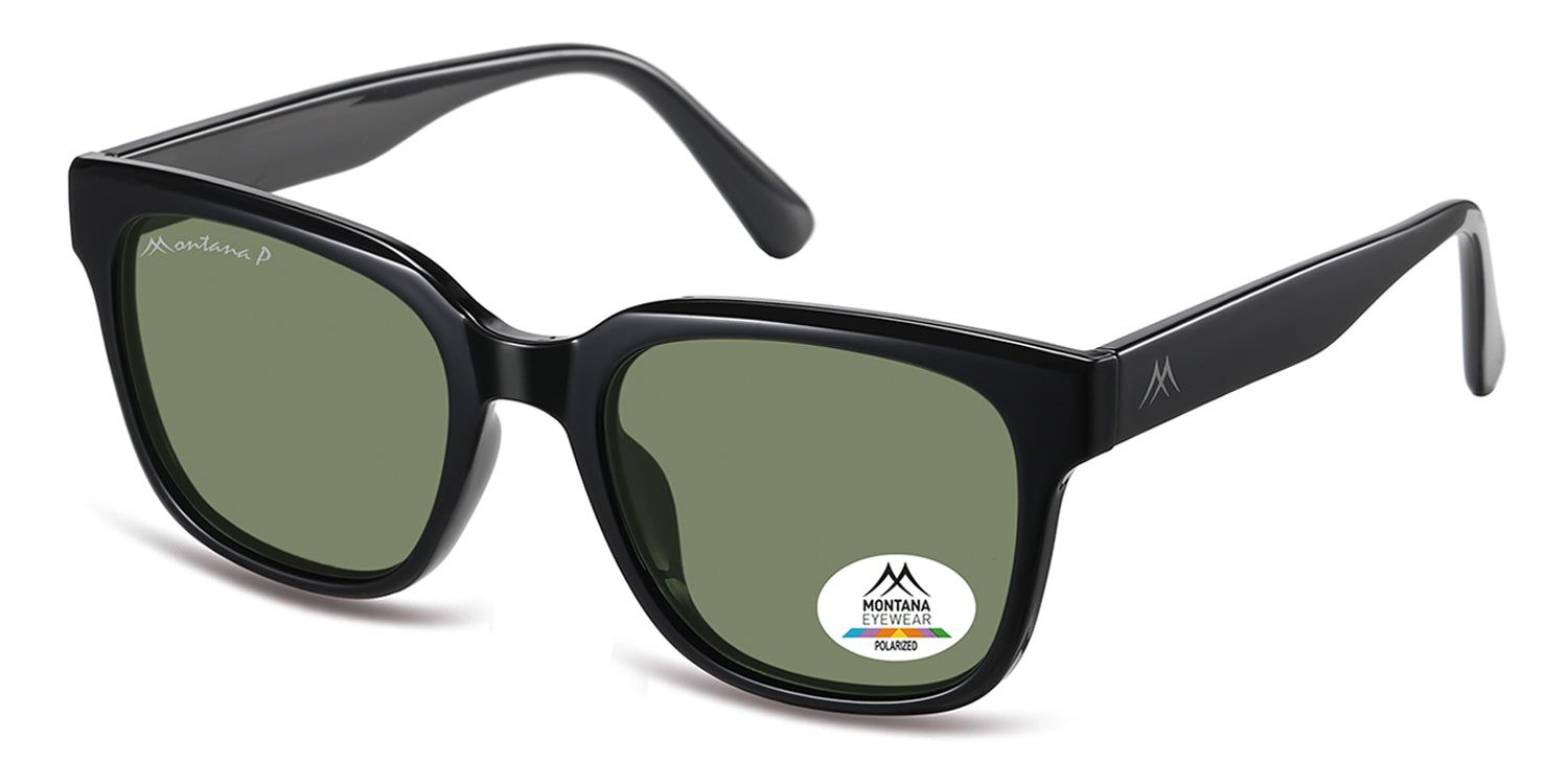 Zwarte zonnebril met groene glazen. Montana Eyewear logo op de poot en het glas. Gepolariseerde sticker op het glas.